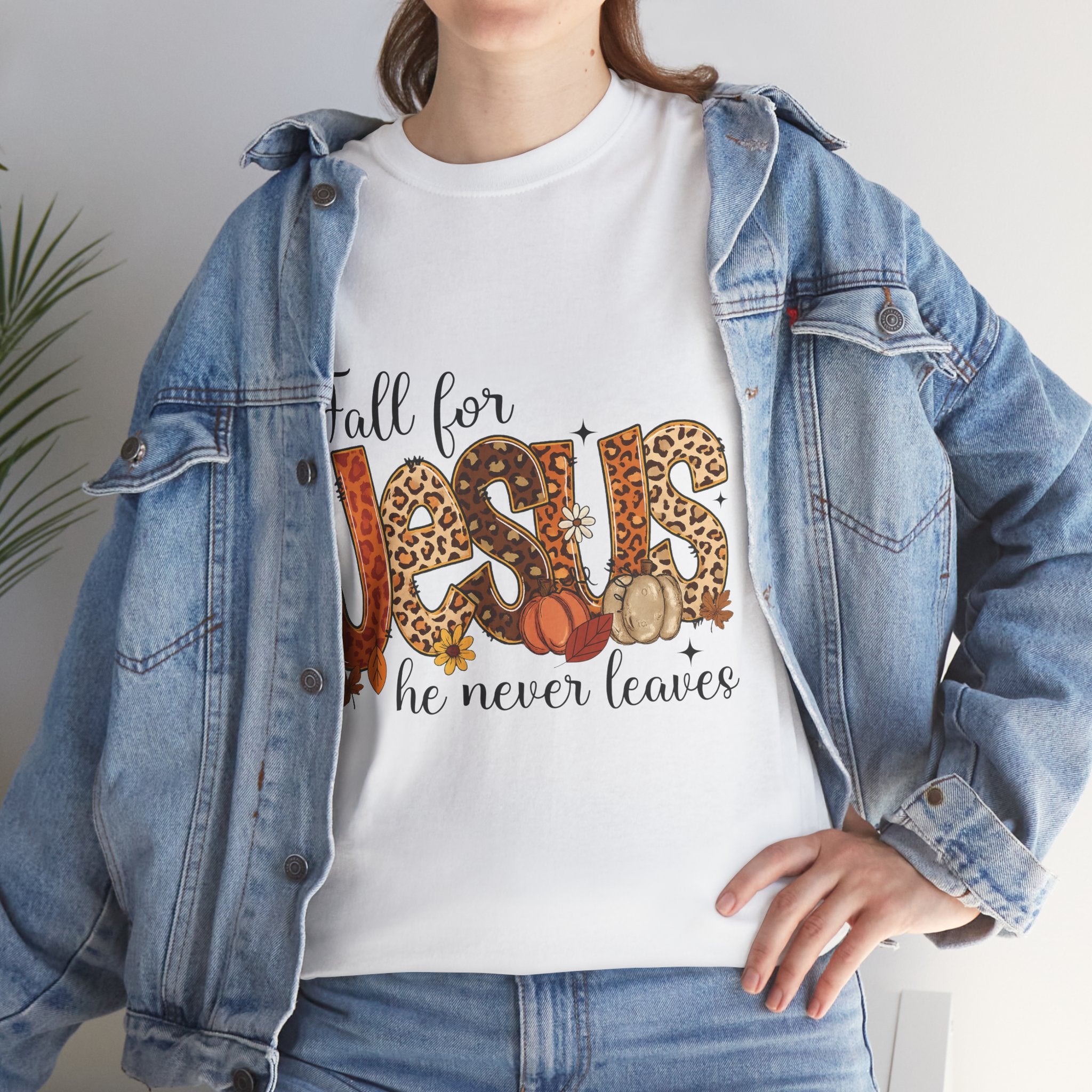 JESUS Leopard Print Fall T-Shirt — Pumpkins, Leaves & Floral Christian Unisex Cotton Tee