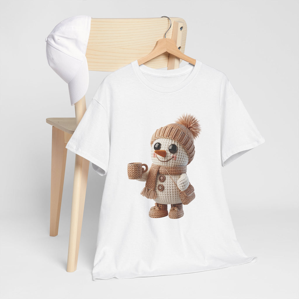 Cozy Snowman Tee — Smiling Snowman with Mug, Scarf & Beanie. Unisex Cotton Tee