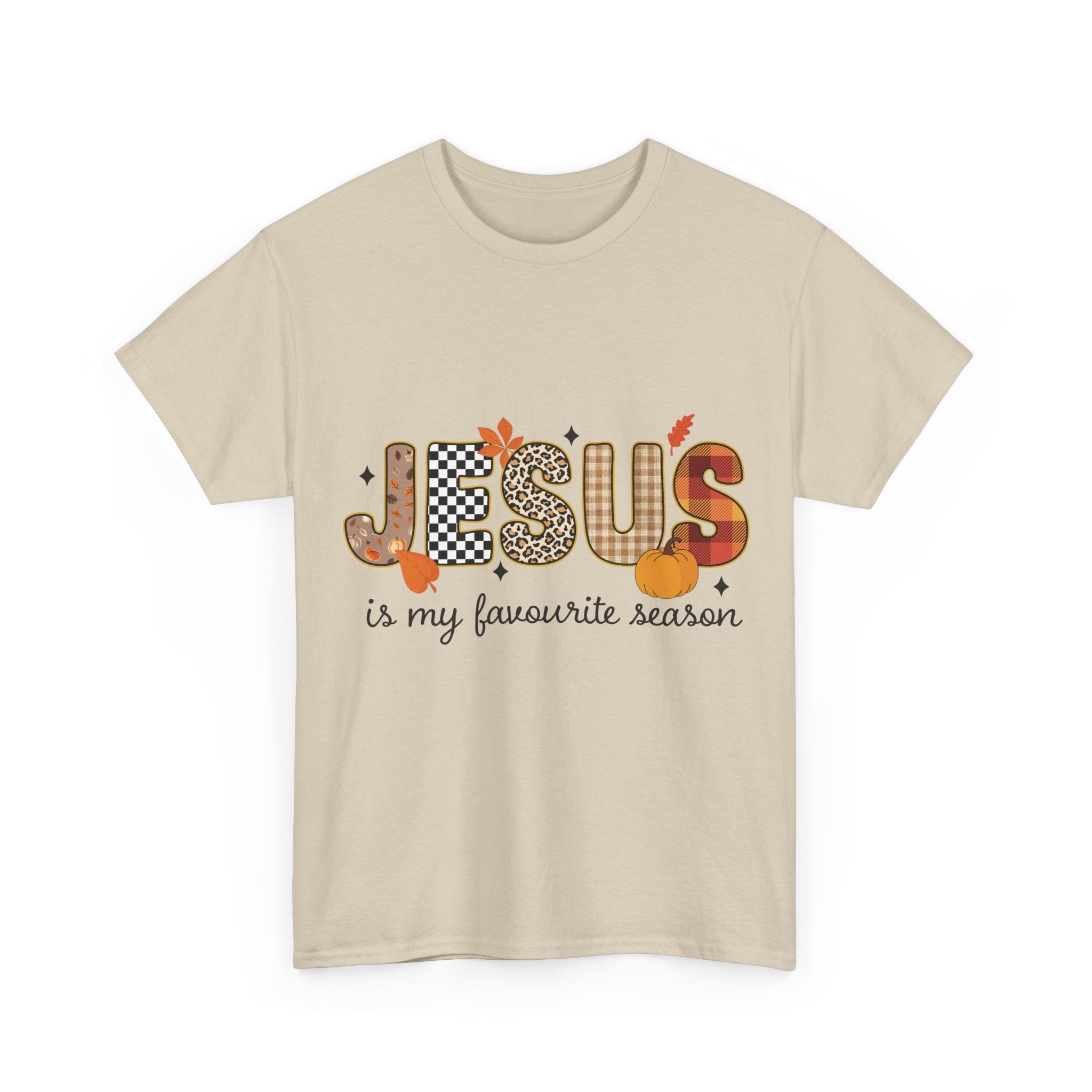 Jesus Is My Favorite Season Tee — Autumn Plaid & Leopard Lettering Unisex Cotton Tee