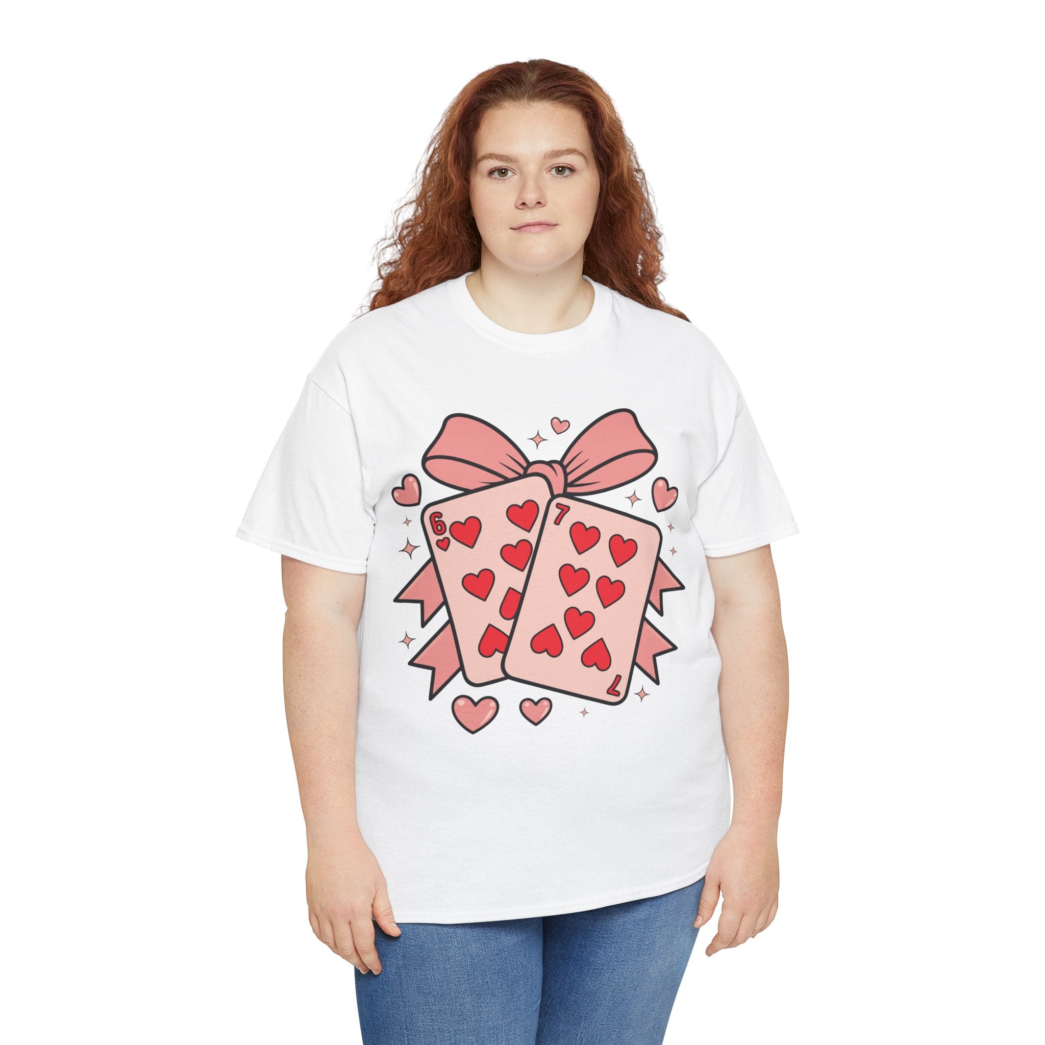 6 & 7 of Hearts T-Shirt — Paired Playing Cards with Pink Bow Unisex Cotton Tee