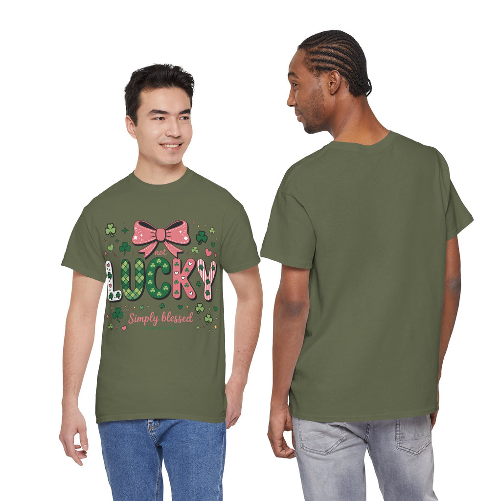 Simply Blessed Tee — “Not Lucky, Simply Blessed” with Pastel Bow, Clovers & Romans 4:7-8 Unisex Cotton Tee