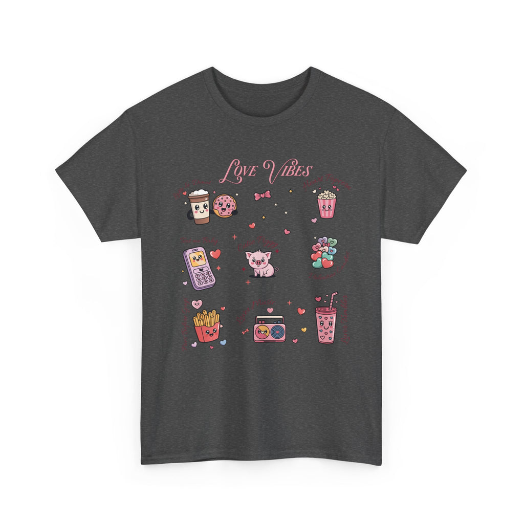 Love Vibes Kawaii Valentine T-Shirt — Cute Donut, Coffee & Piglet Design Unisex Cotton Tee
