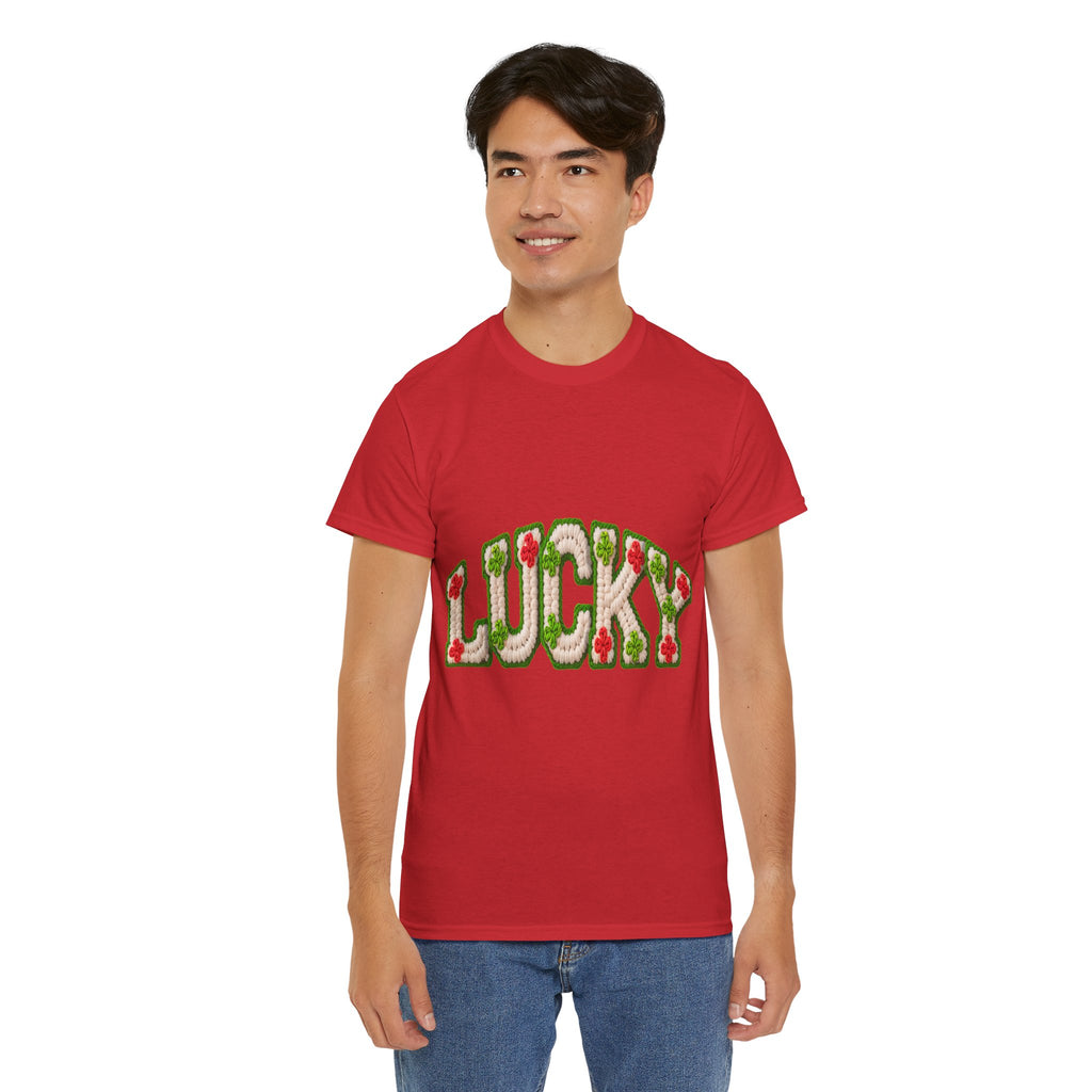Lucky Crochet Clover T-Shirt — Faux-Yarn Embroidered St. Patrick’s Unisex Cotton Tee