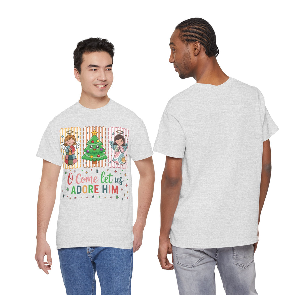 O Come Let Us Adore Him Christmas Tee — Smiling Angels & Happy Tree..Unisex Cotton Tee