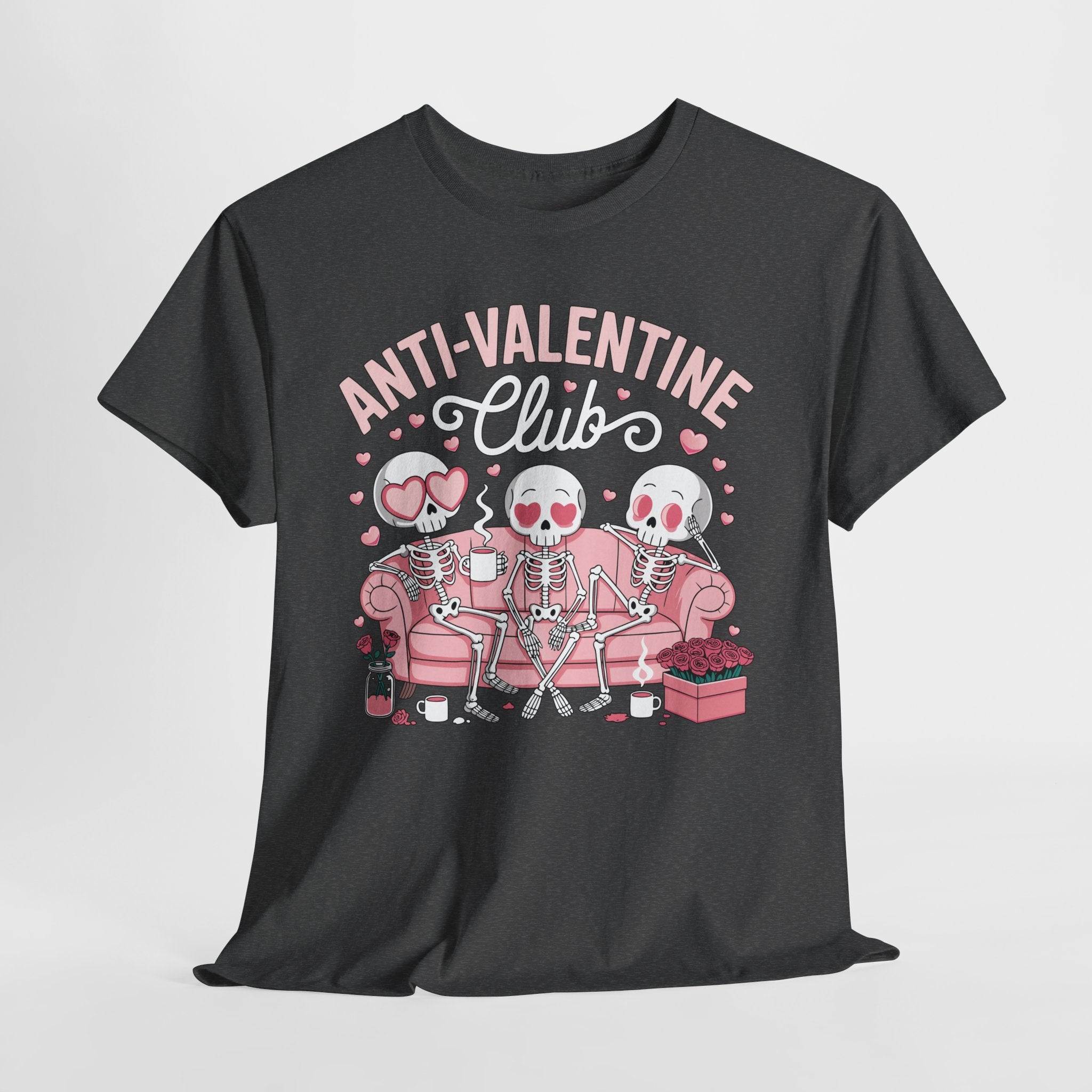 Anti-Valentine Club Skeleton Tee — Anti-Romance Pink Couch Graphic Unisex Cotton T-Shirt