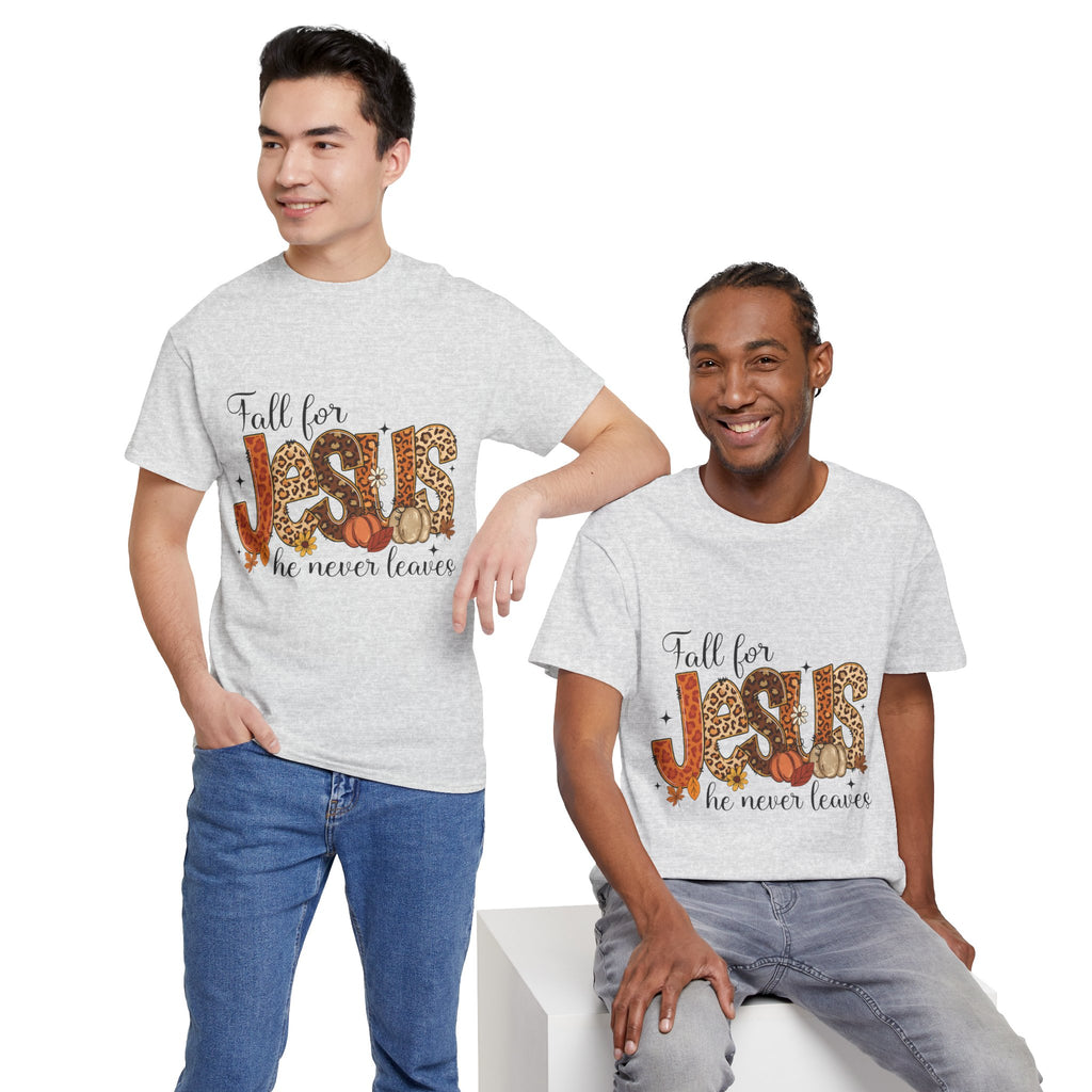 JESUS Leopard Print Fall T-Shirt — Pumpkins, Leaves & Floral Christian Unisex Cotton Tee