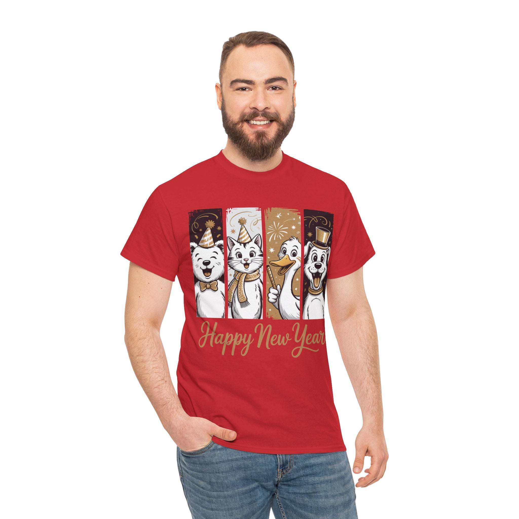 Happy New Year Party Animals T-Shirt — Cute Smiling Animals in Party Hats & Gold Fireworks..Unisex Cotton Tee