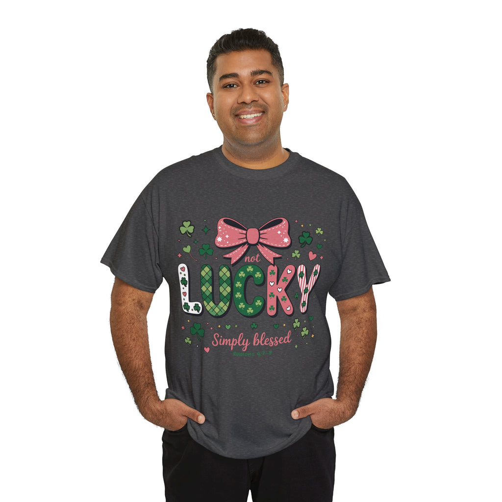 Simply Blessed Tee — “Not Lucky, Simply Blessed” with Pastel Bow, Clovers & Romans 4:7-8 Unisex Cotton Tee