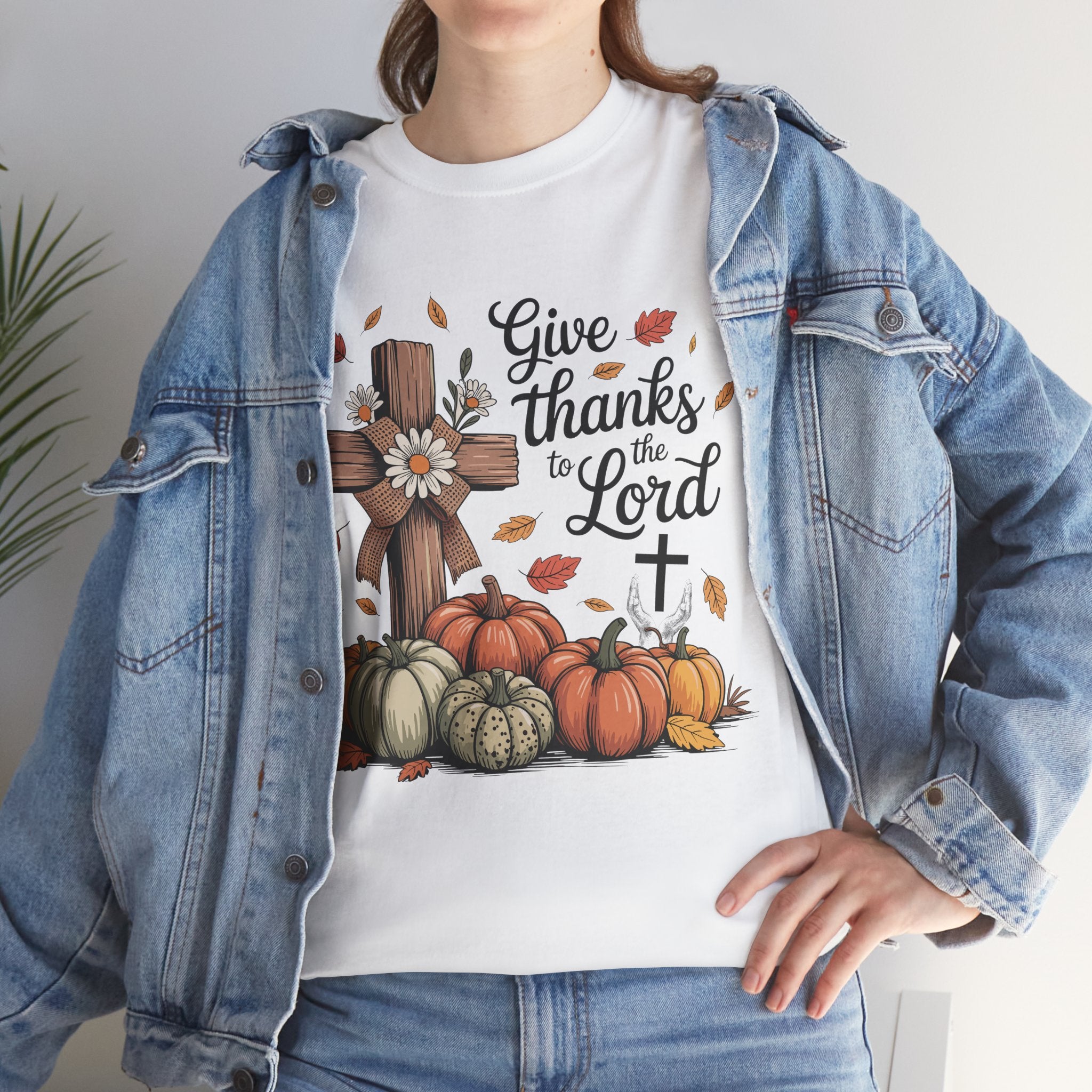 Give Thanks to the Lord Autumn Tee — Wooden Cross, Pumpkins & Daisies..Unisex Cotton Tee