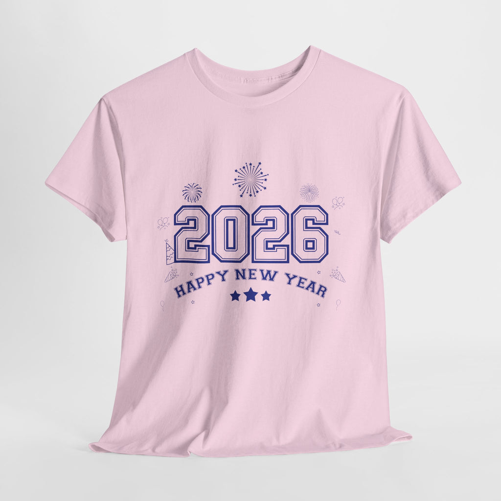 Happy New Year 2026 Varsity Tee — Fireworks & Confetti Celebration Unisex Cotton Tee