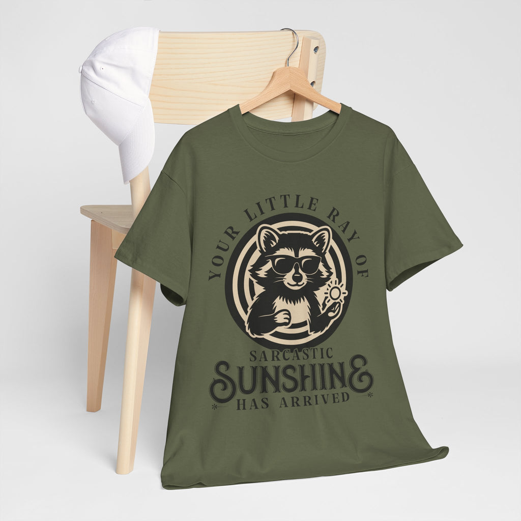 Cool Raccoon Sunglasses T-Shirt — Raccoon Holding Sun Graphic Unisex Cotton Tee