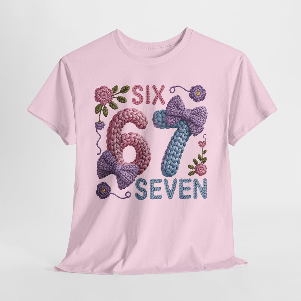 Pastel Crochet Numbers 6 & 7 Tee — Faux-Yarn Bows & Flowers. Unisex Cotton Tee