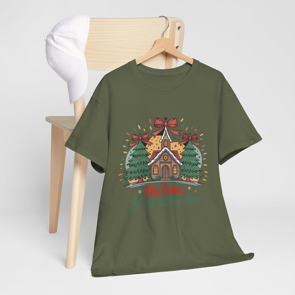 Oh Come Let Us Adore Him Christmas Tee — Church & Trees Holiday Unisex Cotton Tshirt