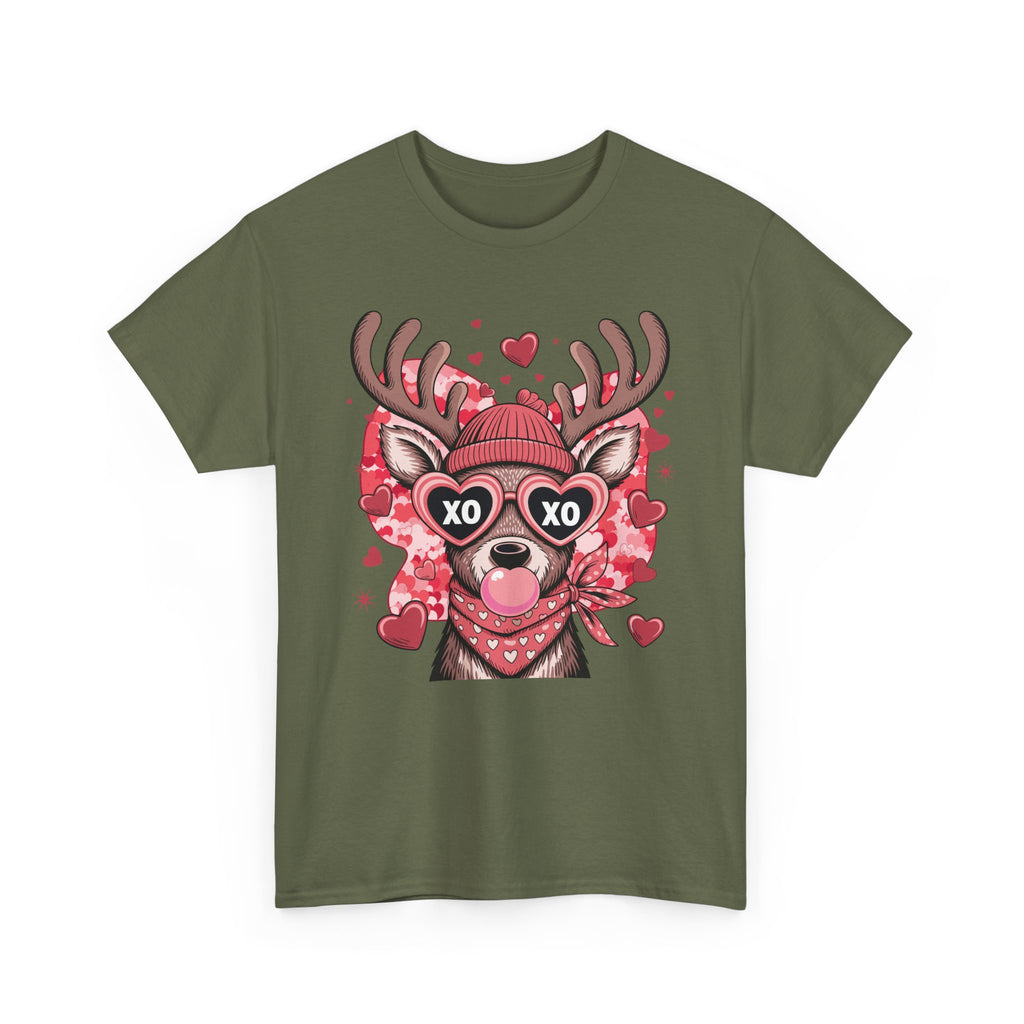 Valentine Deer Tee — Cute XO Heart Glasses, Beanie & Scarf Unisex Cotton Tshirt