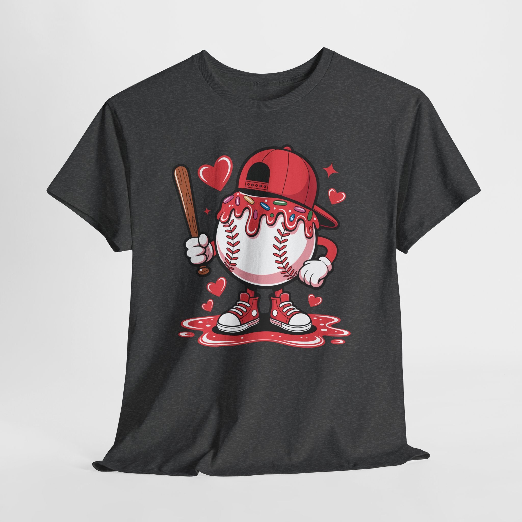 Cute Baseball Character T-Shirt — Red Cap & Icing Top Graphic with Hearts Unisex Cotton Tee