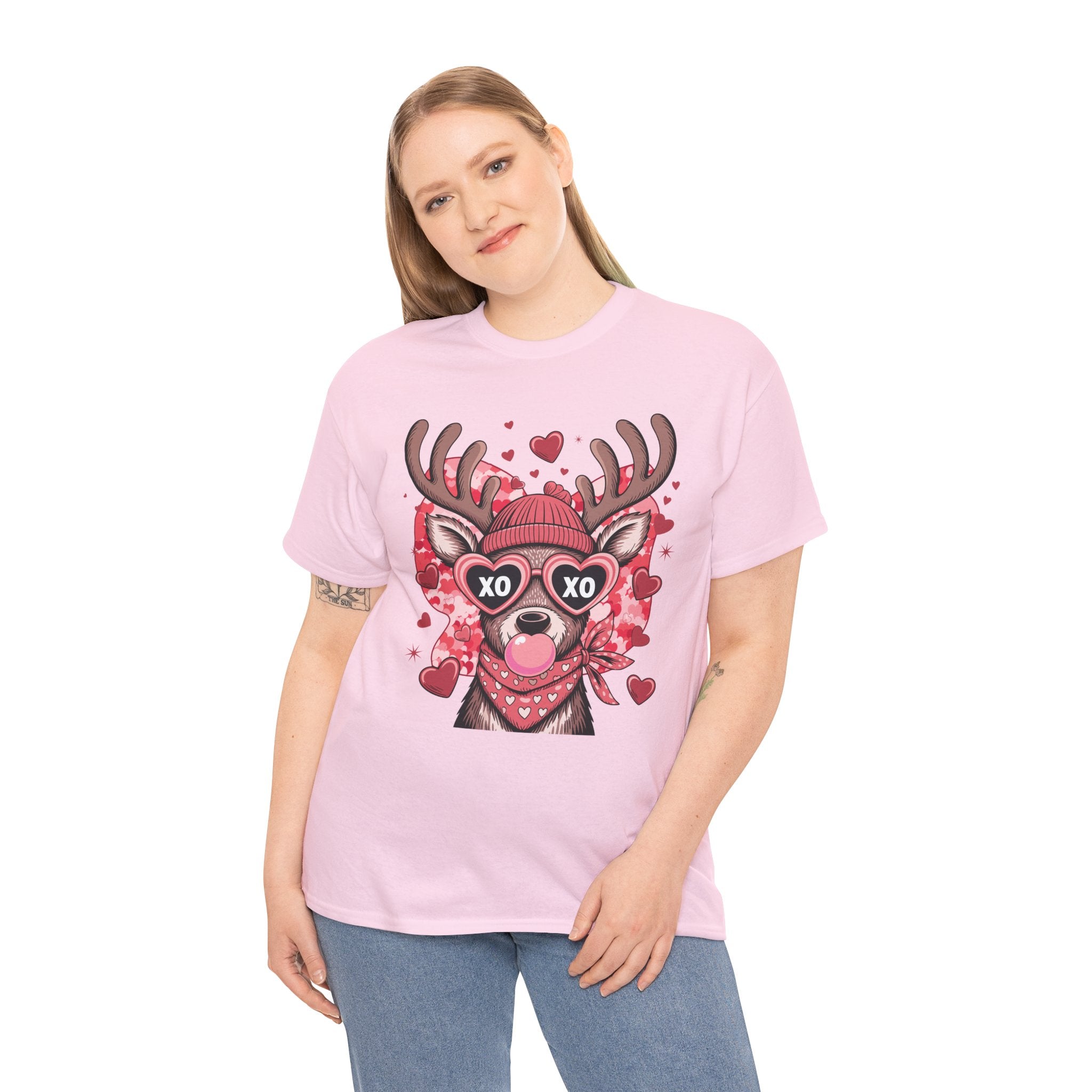 Valentine Deer Tee — Cute XO Heart Glasses, Beanie & Scarf Unisex Cotton Tshirt