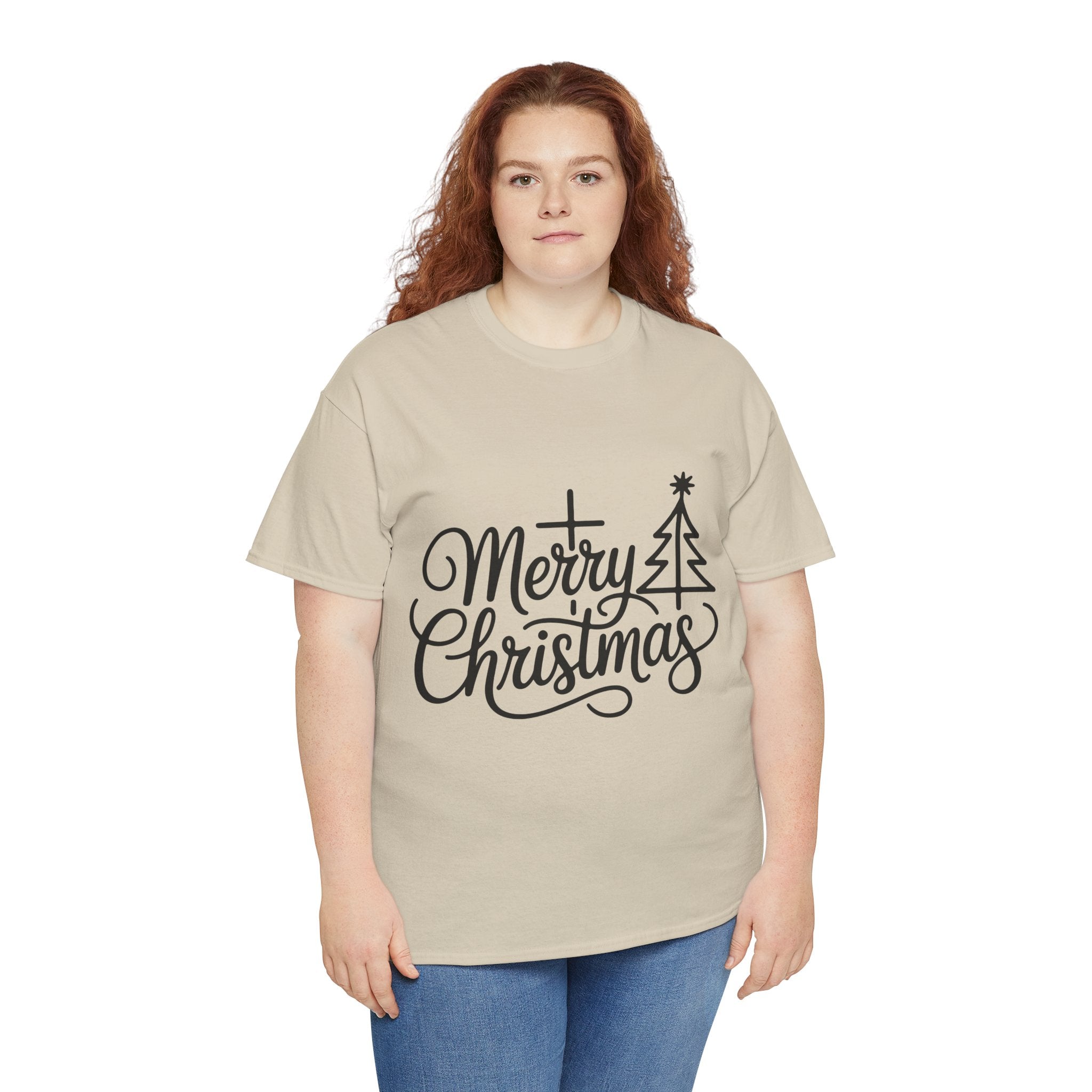 Merry Christmas Script T-Shirt with Cross & Tree(Unisex Cotton Tee)
