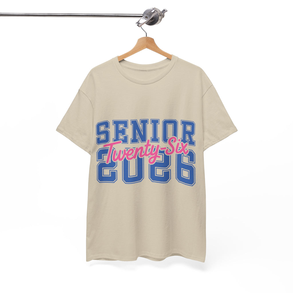 Senior 2026 Tee — Pink Varsity Block with Blue Script Overlay Unisex Cotton Tee