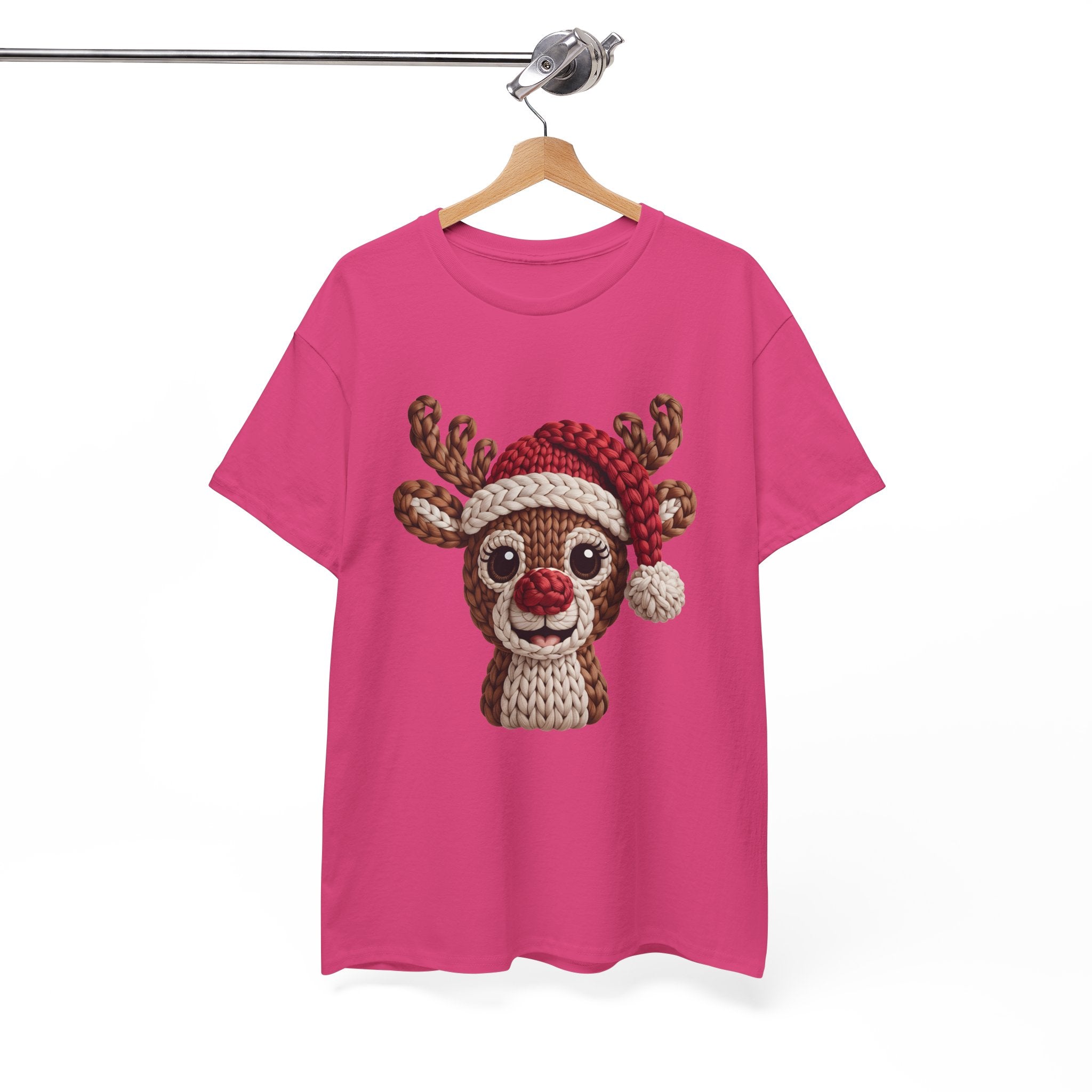 Reindeer in Santa Hat Cotton Tee — Joyful Faux-Yarn Holiday Unisex Coton T-Shirt