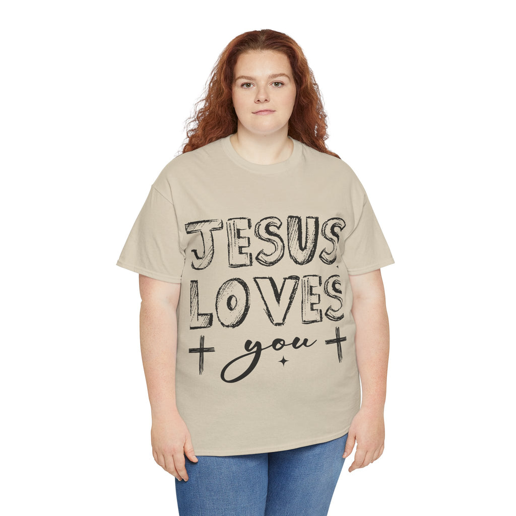 Jesus Loves You Chalk-Style Tee — Crosses & Stars Christian UNisex Cotton T-Shirt