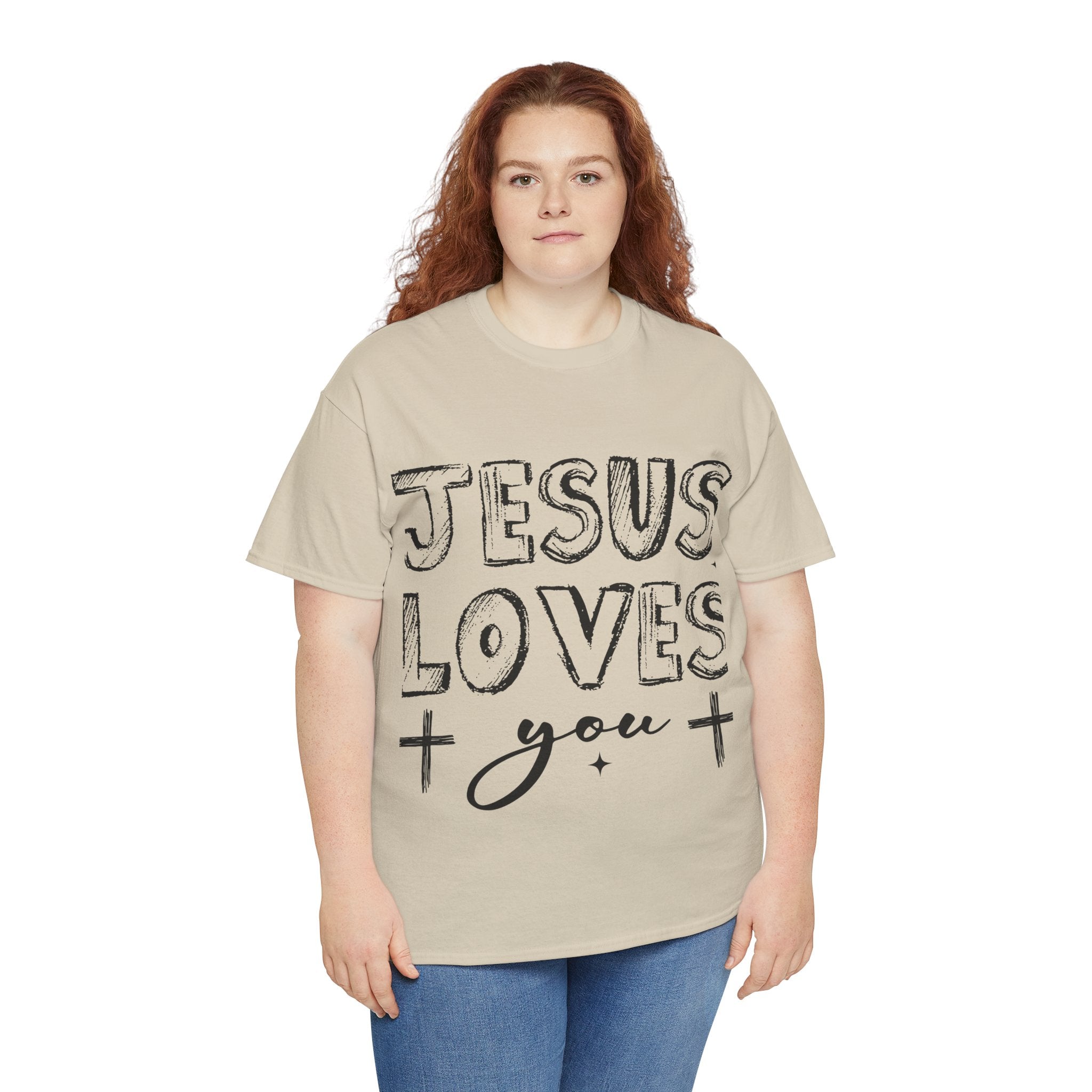Jesus Loves You Chalk-Style Tee — Crosses & Stars Christian UNisex Cotton T-Shirt