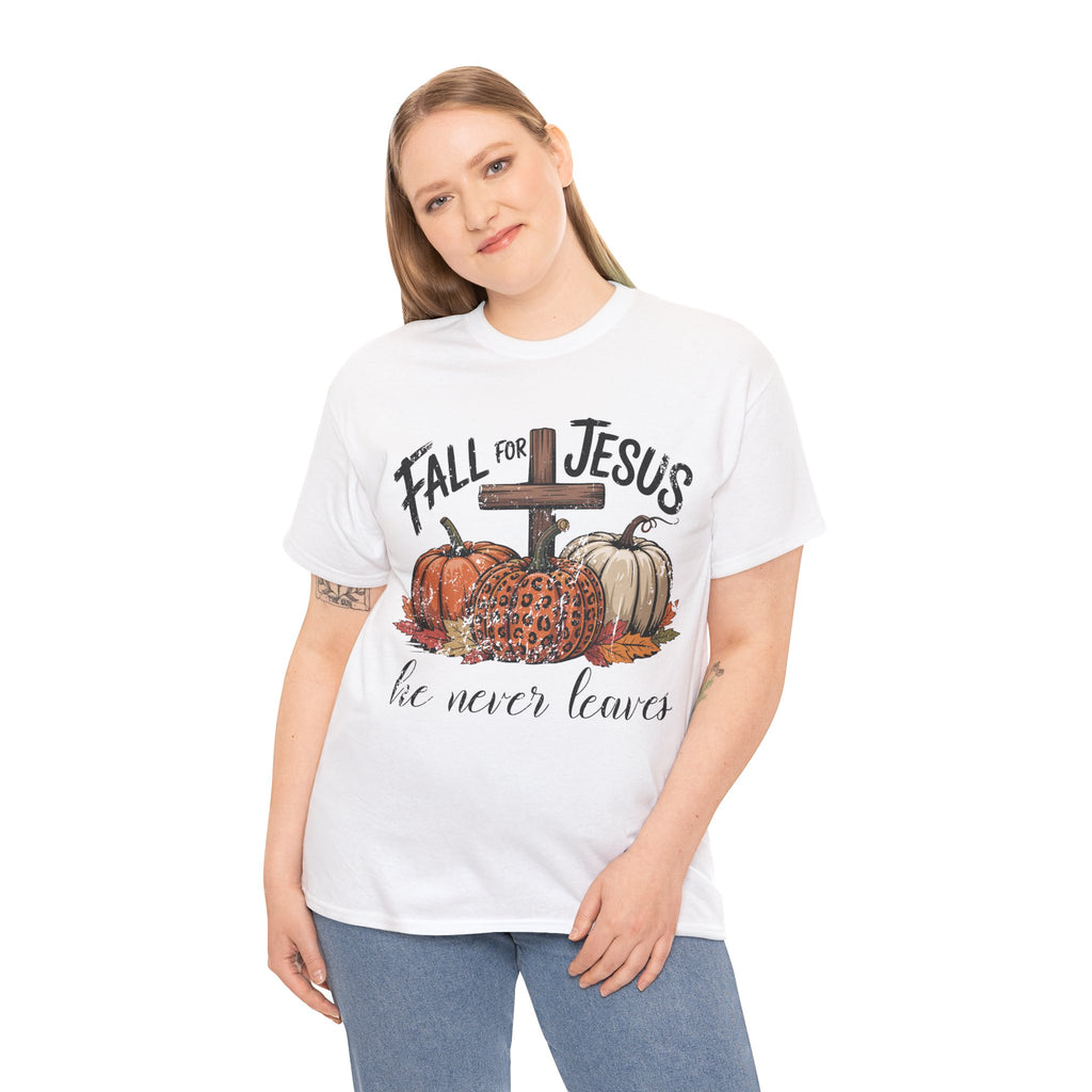 Fall for Jesus Pumpkin Cross Tee — "He Never Leaves" Autumn Christian Unisex Cotton T-Shirt