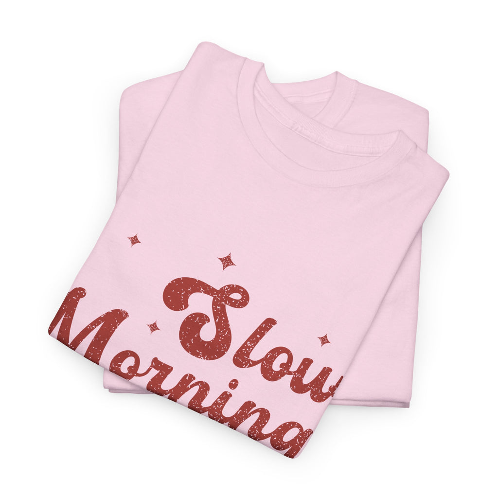 Slow Mornings Club T-Shirt — Retro Red Sparkle Unisex Cotton Tee