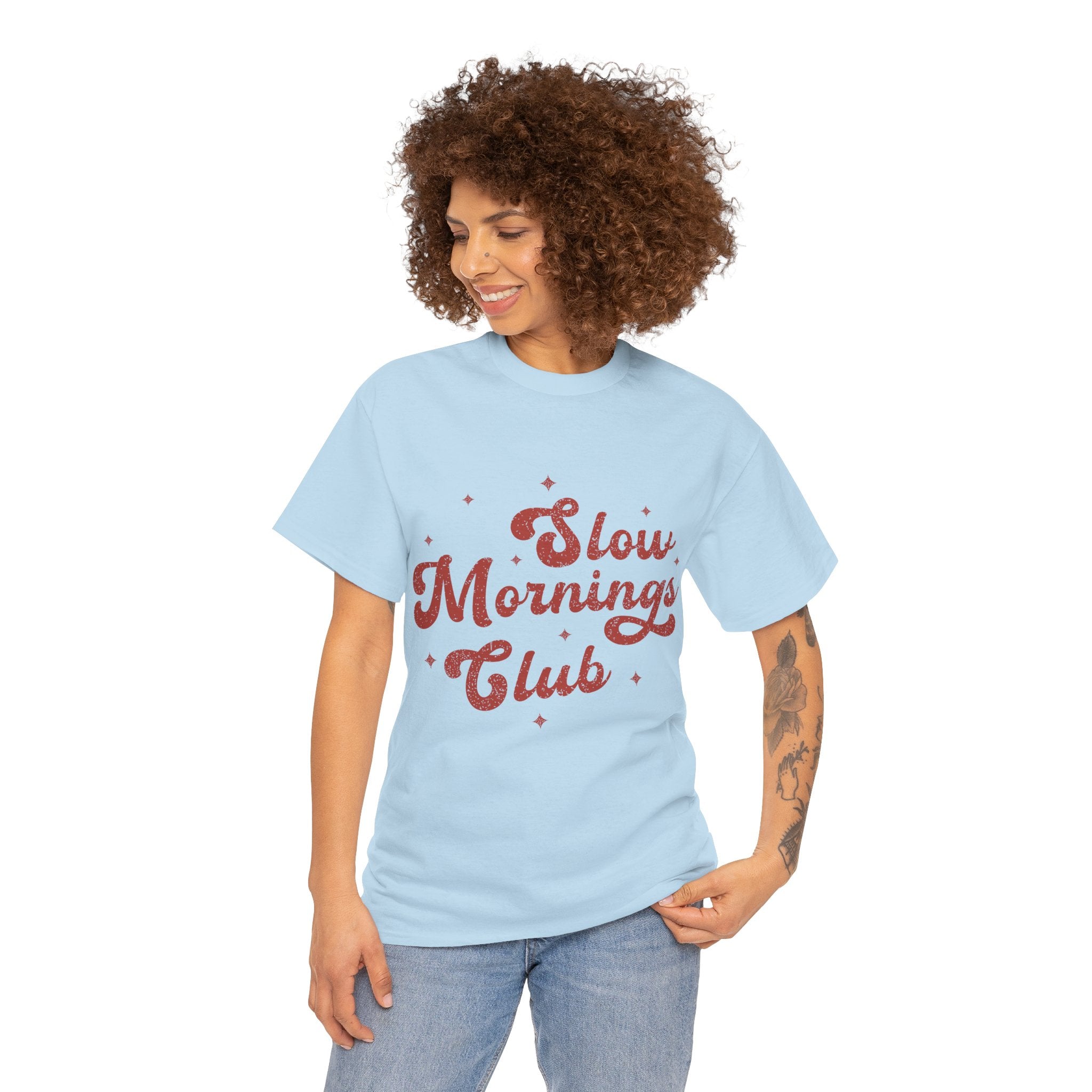 Slow Mornings Club T-Shirt — Retro Red Sparkle Unisex Cotton Tee