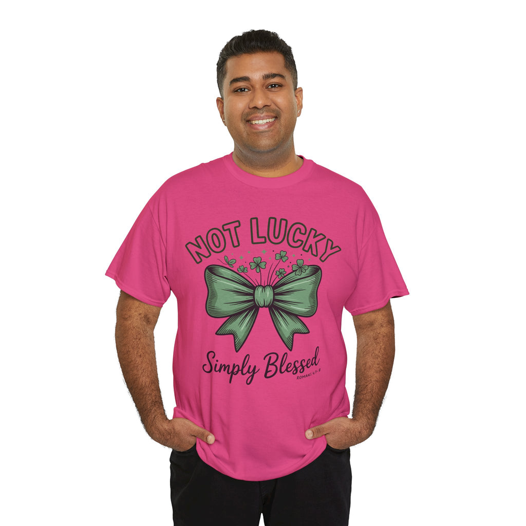 Not Lucky, Simply Blessed T-Shirt — Green Bow & Clovers St. Patrick’s Unisex Cotton Tee