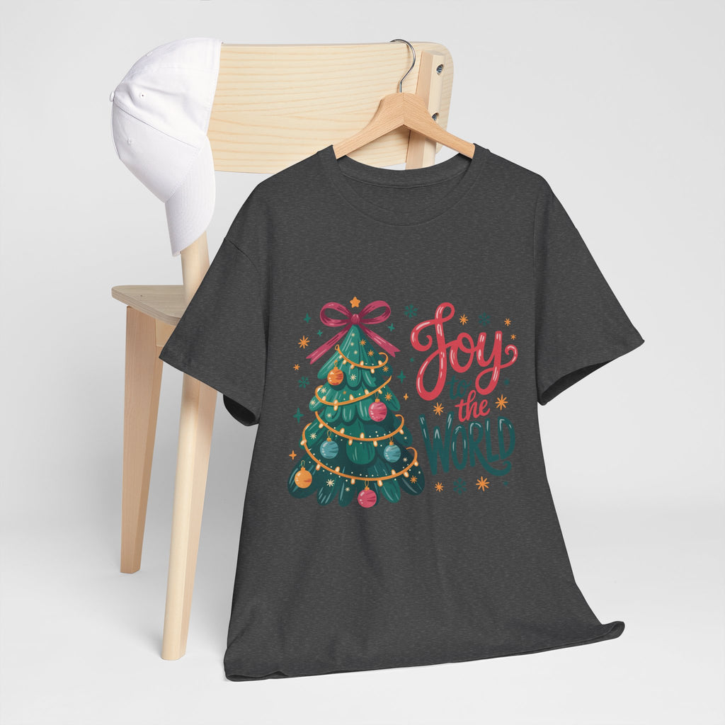 Joy to the World Christmas Tee — Festive Tree with Pink Bow..Unisex Cotton Tee