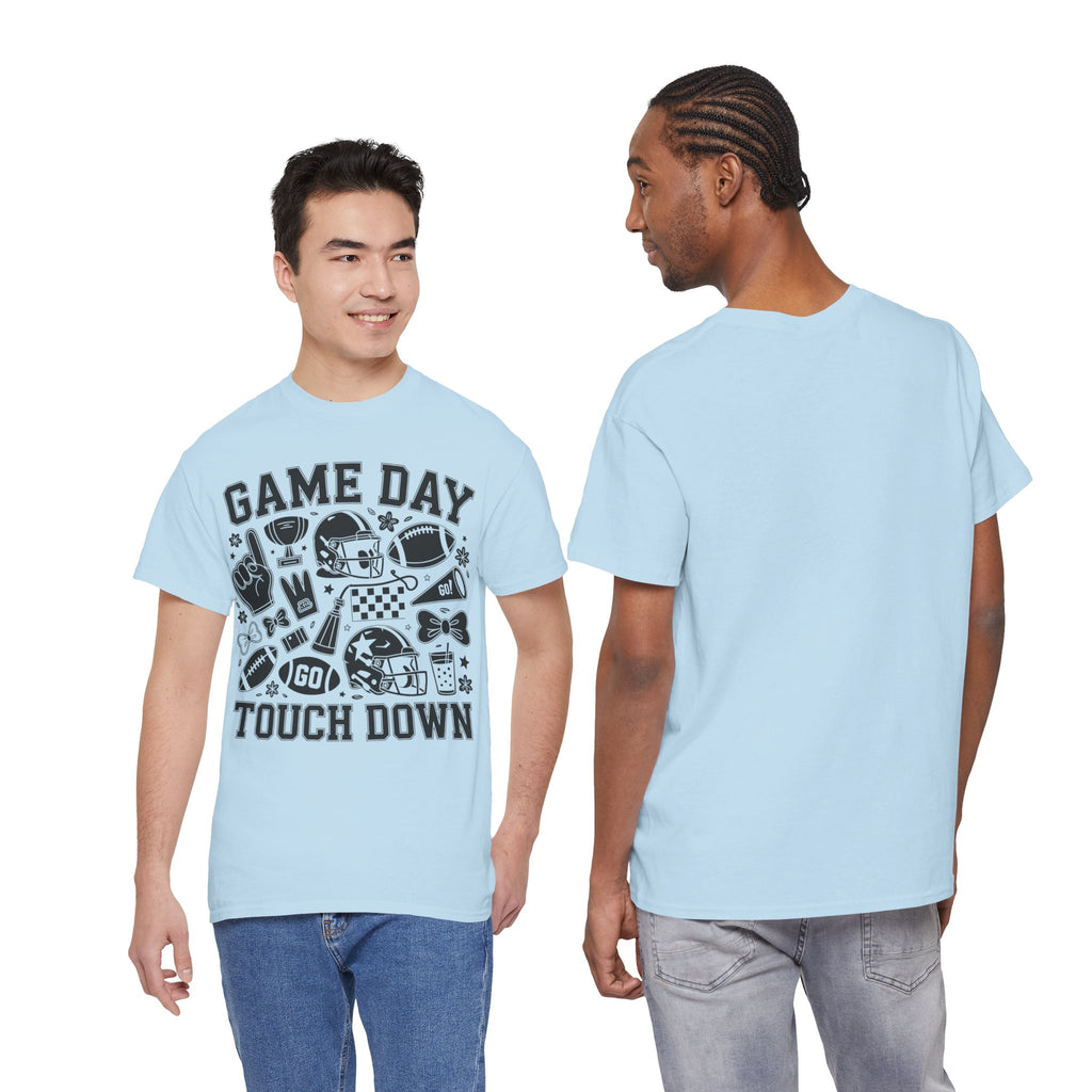 Game Day Touch Down Football T‑Shirt — Helmet & Cheer Monochrome Design Unisex Cotton Tee