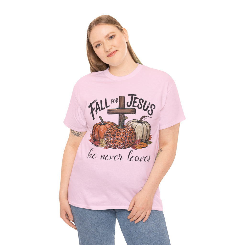 Fall for Jesus Pumpkin Cross Tee — "He Never Leaves" Autumn Christian Unisex Cotton T-Shirt