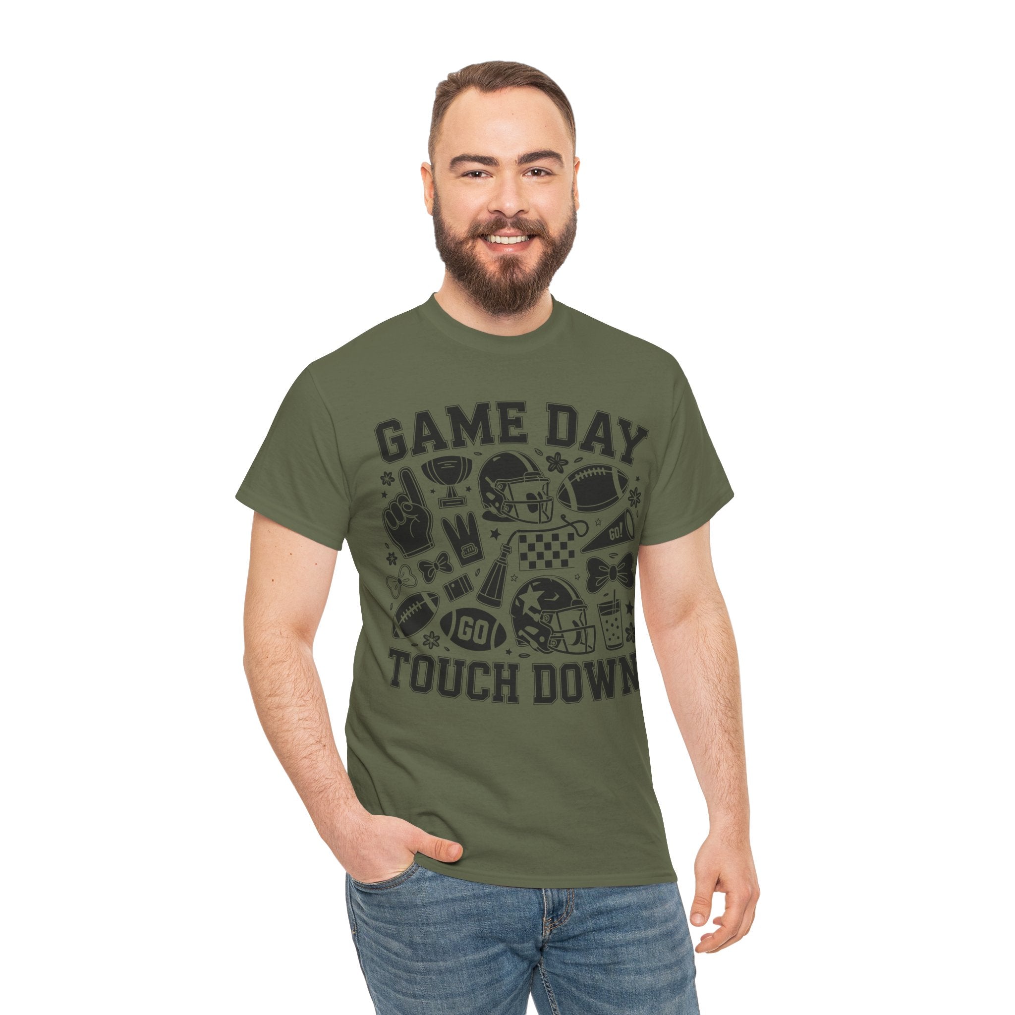 Game Day Touch Down Football T‑Shirt — Helmet & Cheer Monochrome Design Unisex Cotton Tee