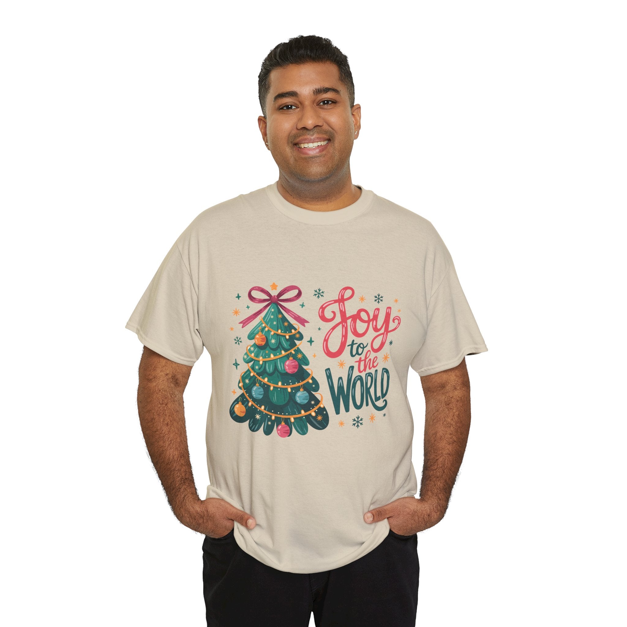 Joy to the World Christmas Tee — Festive Tree with Pink Bow..Unisex Cotton Tee