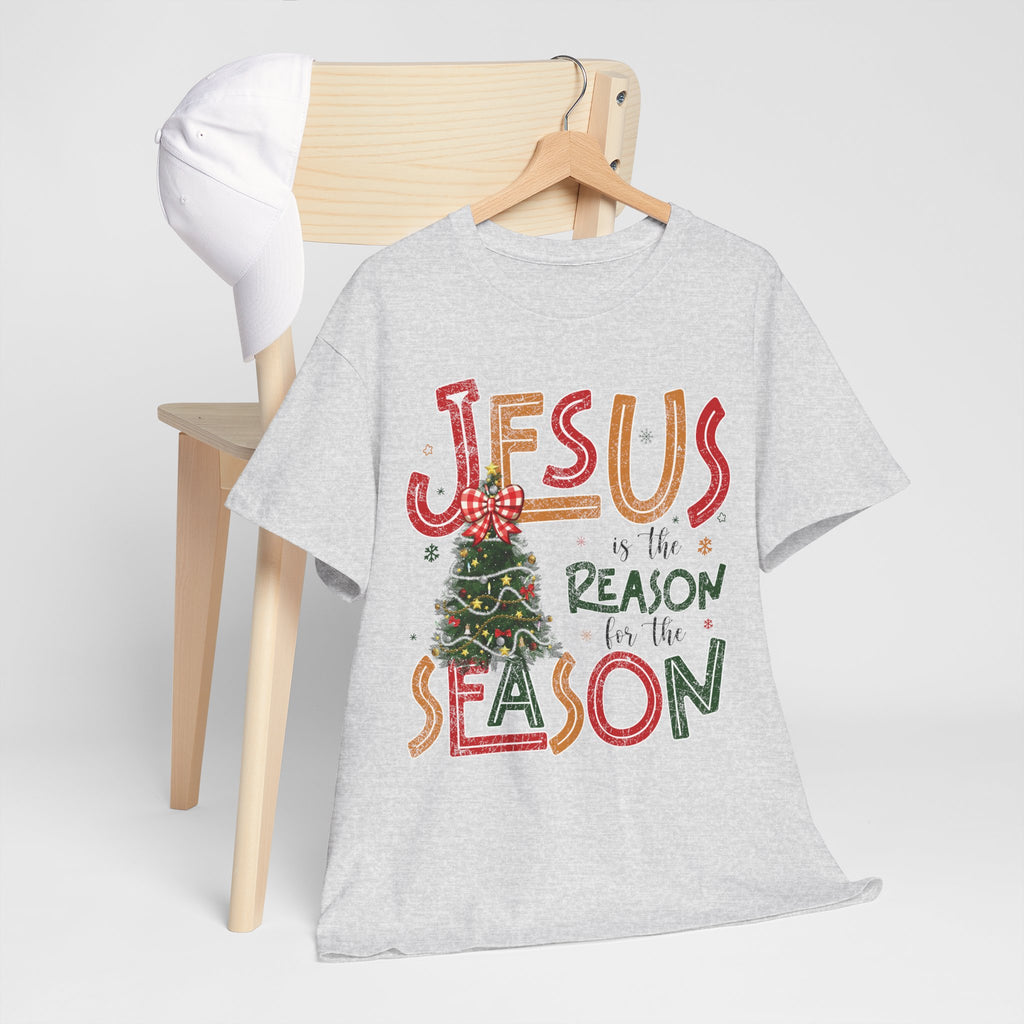 Jesus Is the Reason for the Season Christmas T-Shirt — Plaid Bow Tree..Unisex Cotton Tee
