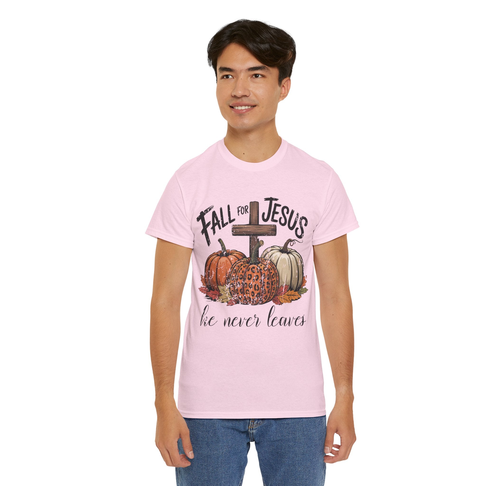 Fall for Jesus Pumpkin Cross Tee — "He Never Leaves" Autumn Christian Unisex Cotton T-Shirt