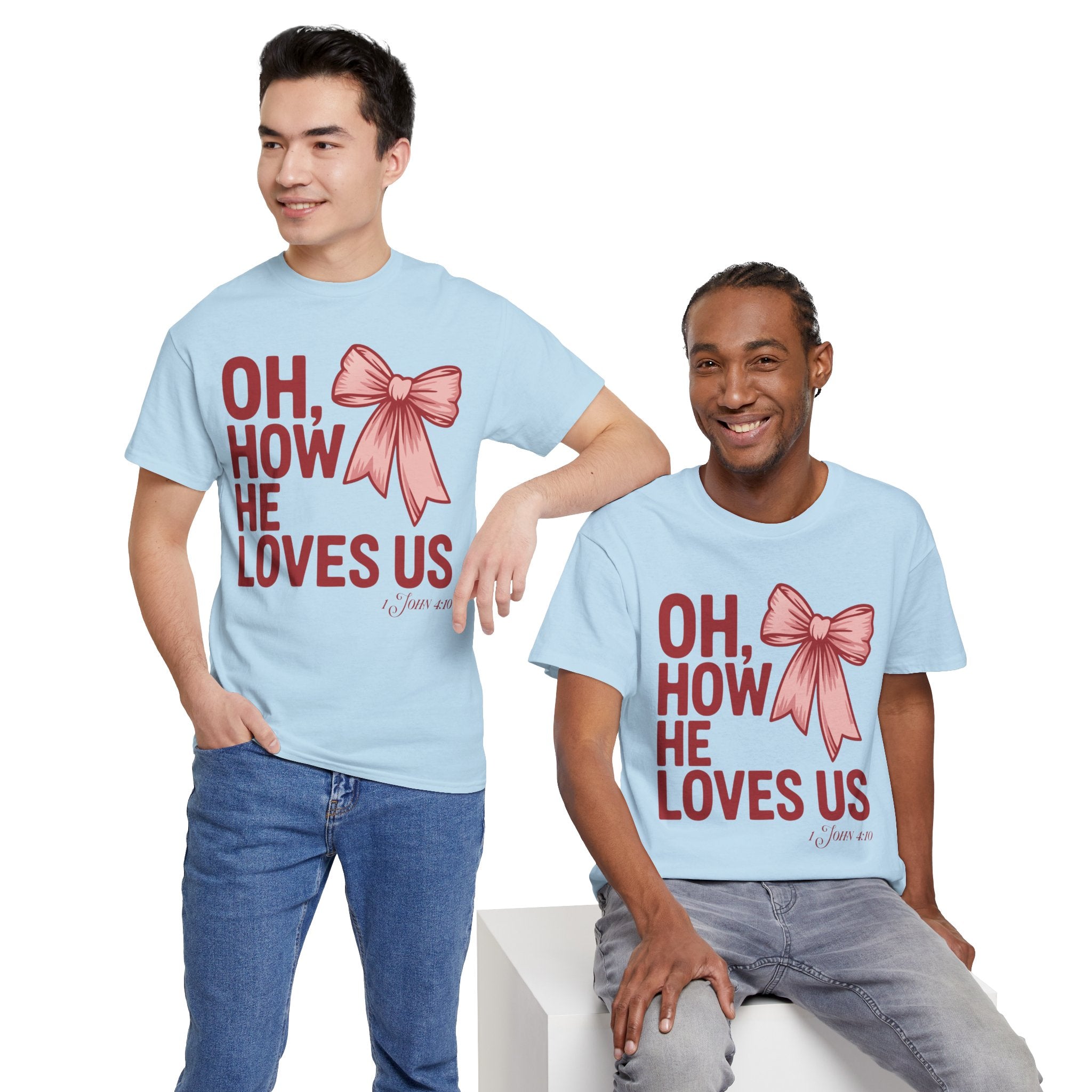 Oh, How He Loves Us Christian Valentine Tee — 1 John 4:10 Red & Pink Unisex Cotton Tee