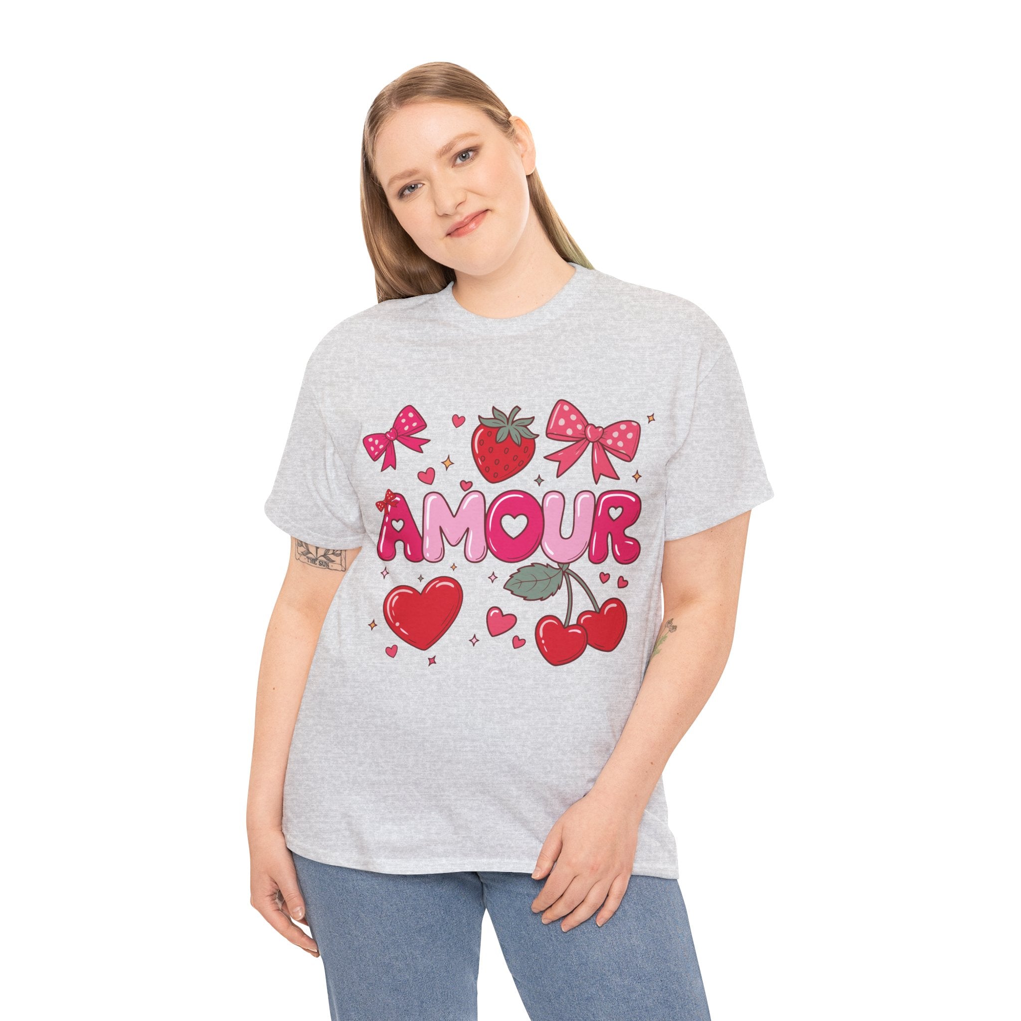 Amour Pink Hearts Tee — Shiny Lettering with Bows, Cherries & Strawberry Accent...Unisex Cotton Tee