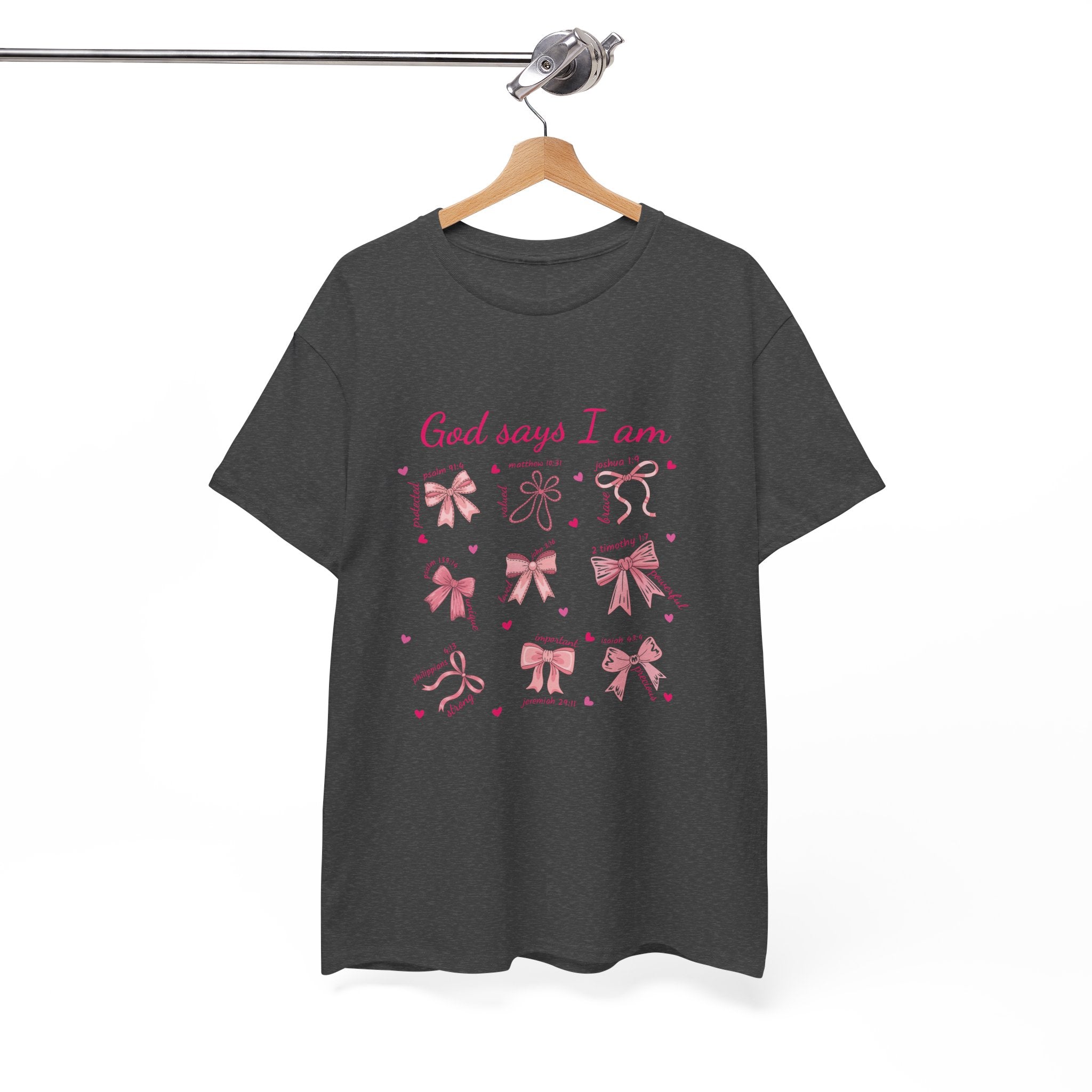 God Says I Am Pink Bow Tee — Faith-Based 'Loved, Brave, Strong' Unisex Cotton Shirt