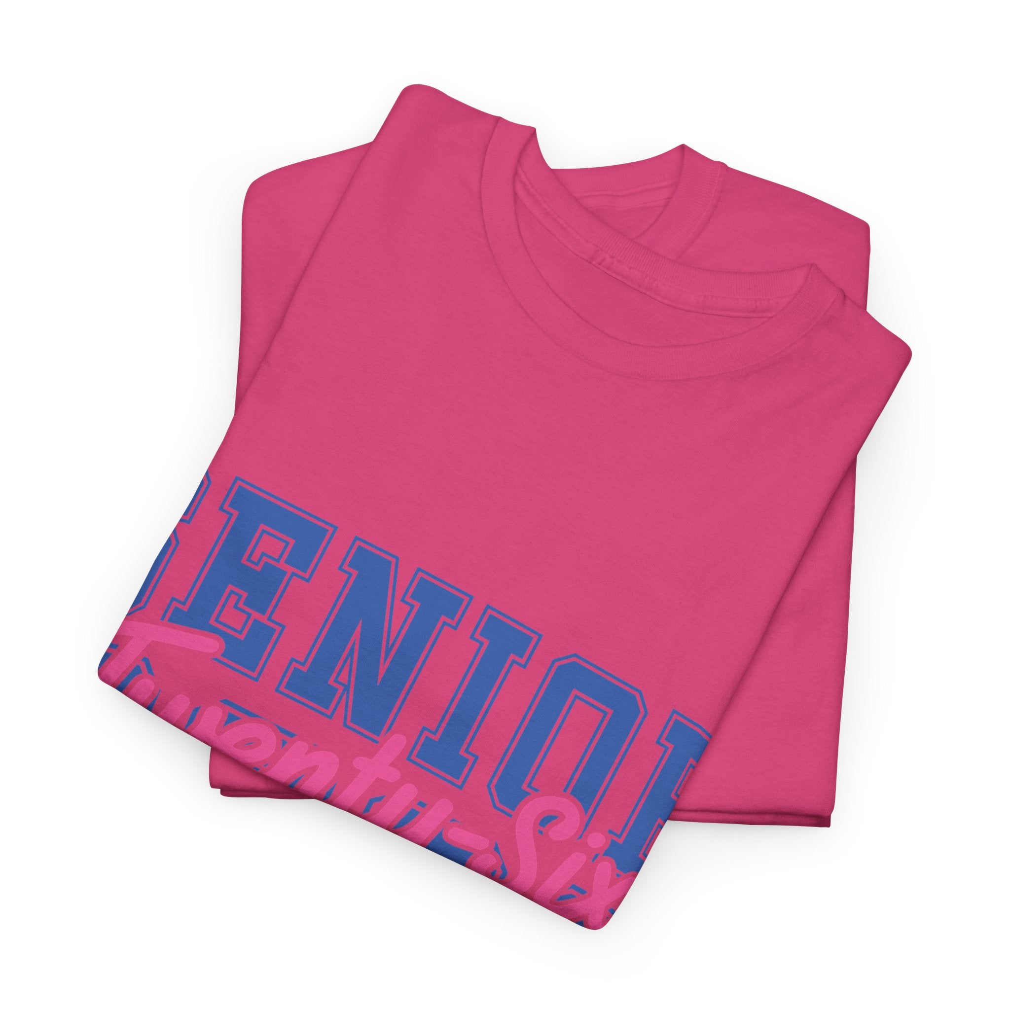 Senior 2026 Tee — Pink Varsity Block with Blue Script Overlay Unisex Cotton Tee