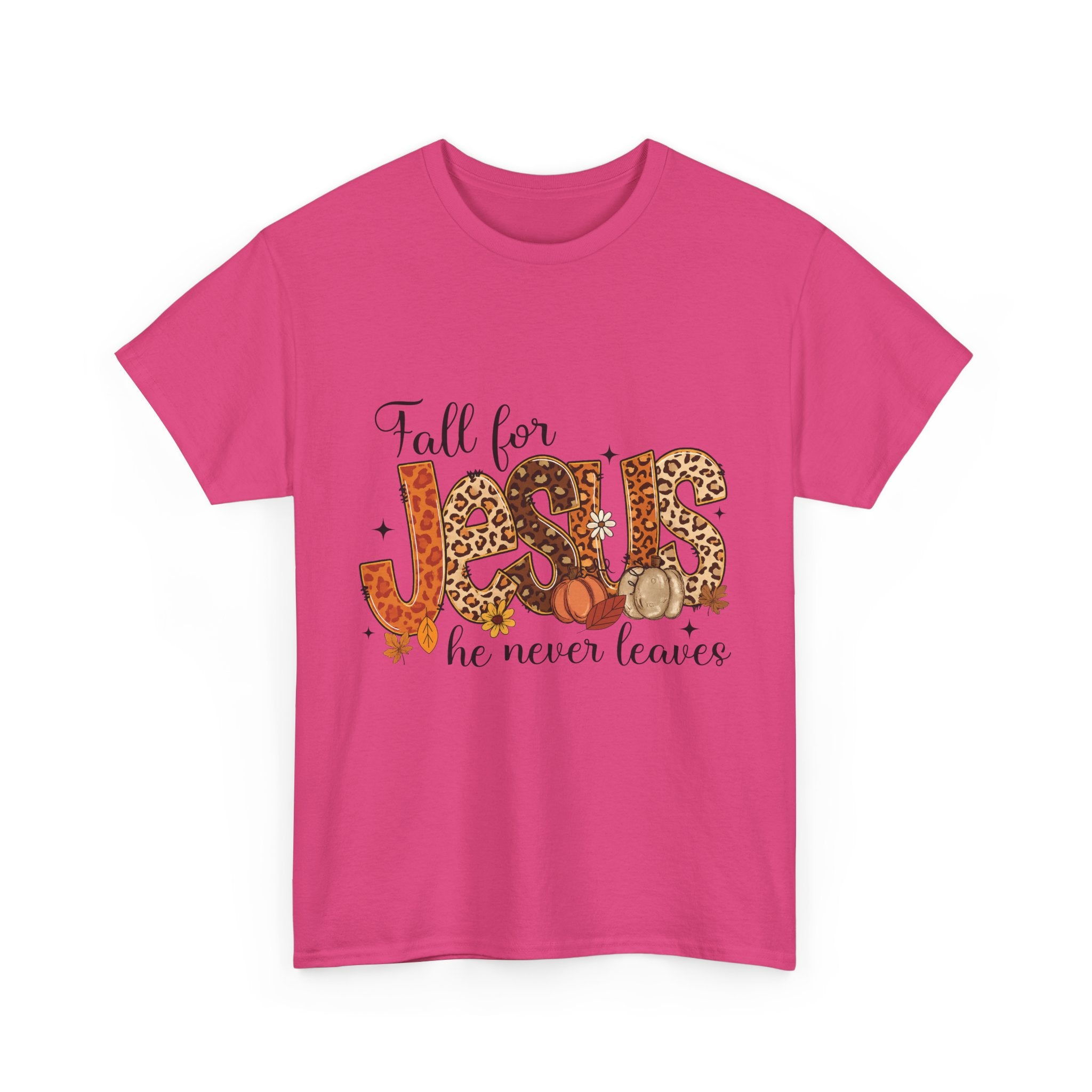 JESUS Leopard Print Fall T-Shirt — Pumpkins, Leaves & Floral Christian Unisex Cotton Tee