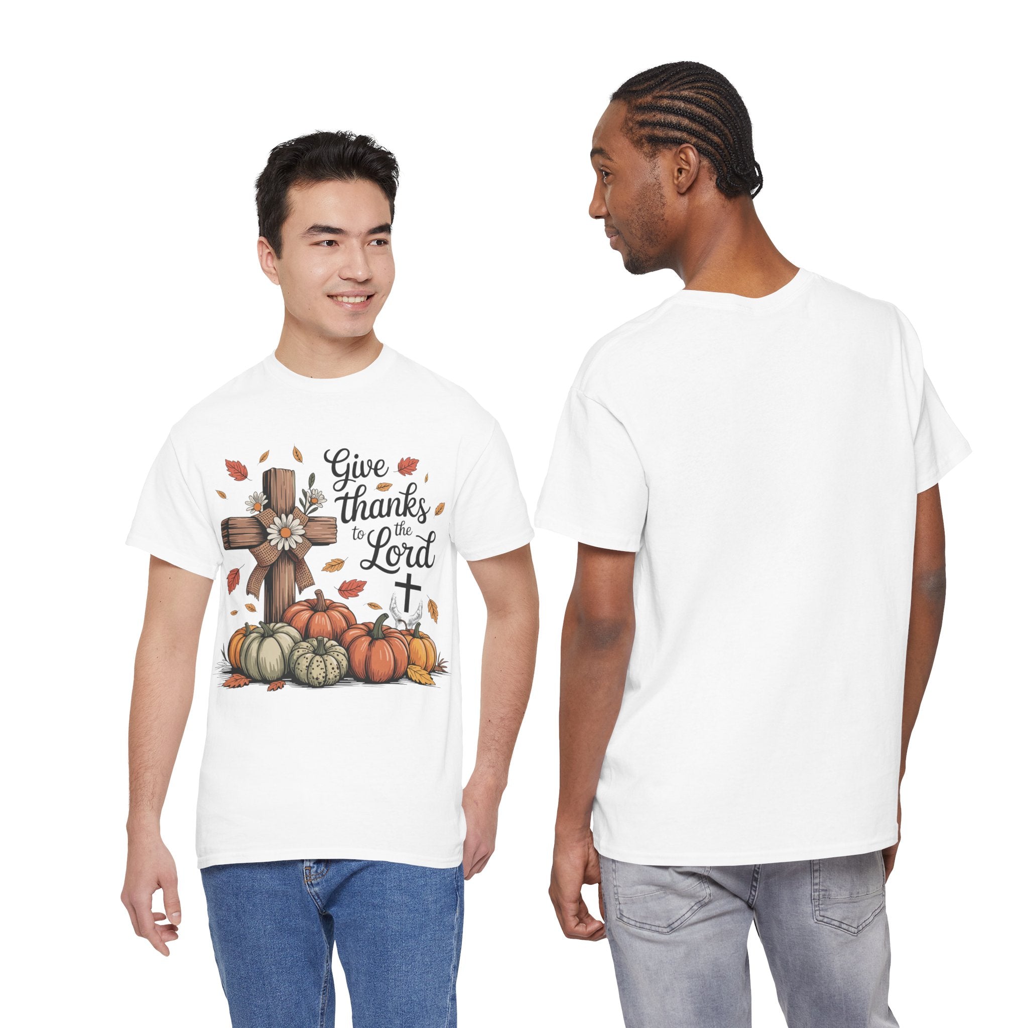 Give Thanks to the Lord Autumn Tee — Wooden Cross, Pumpkins & Daisies..Unisex Cotton Tee