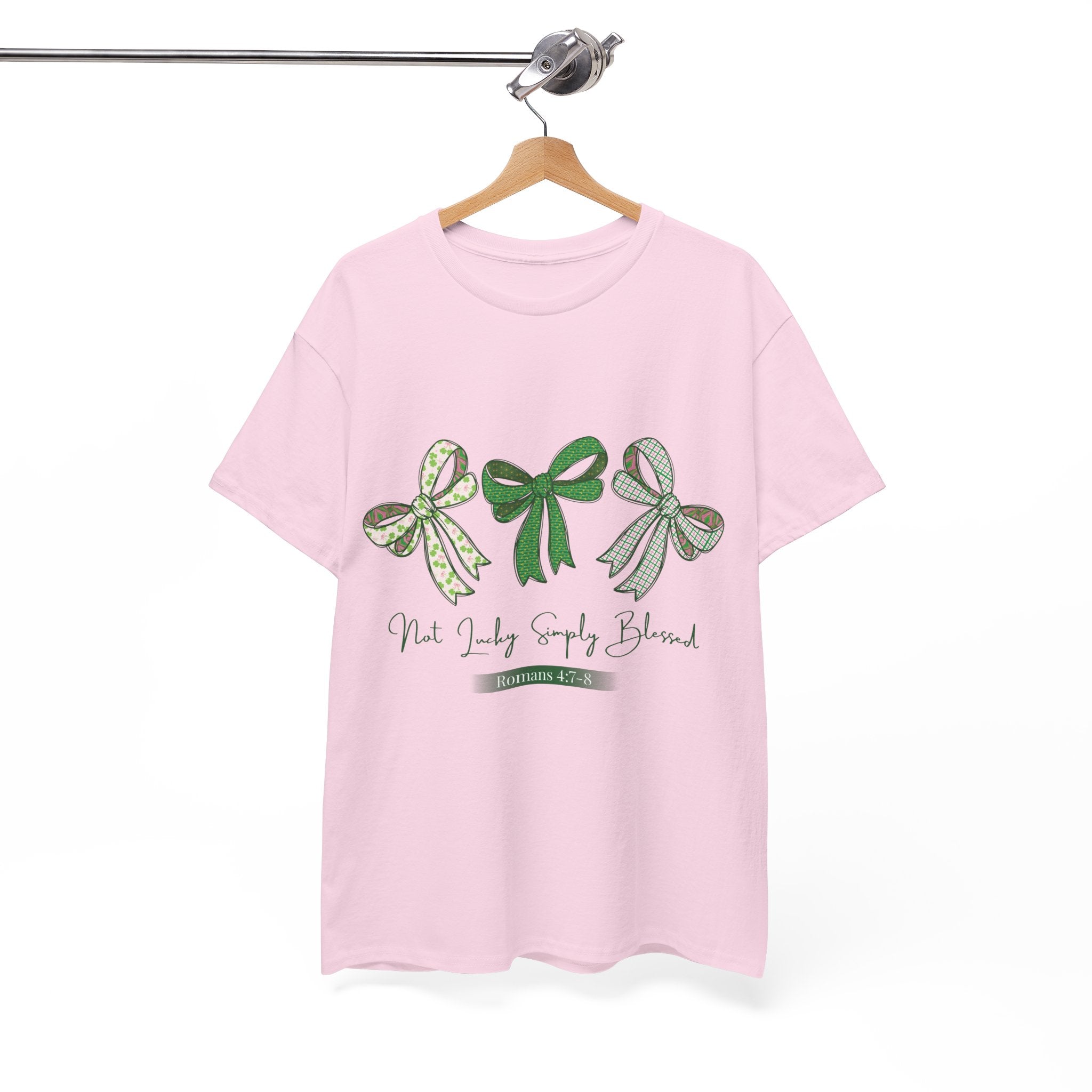 Not Lucky Simply Blessed Tee — Romans 4:7-8 Green Bow Christian Unisex Cotton T-Shirt