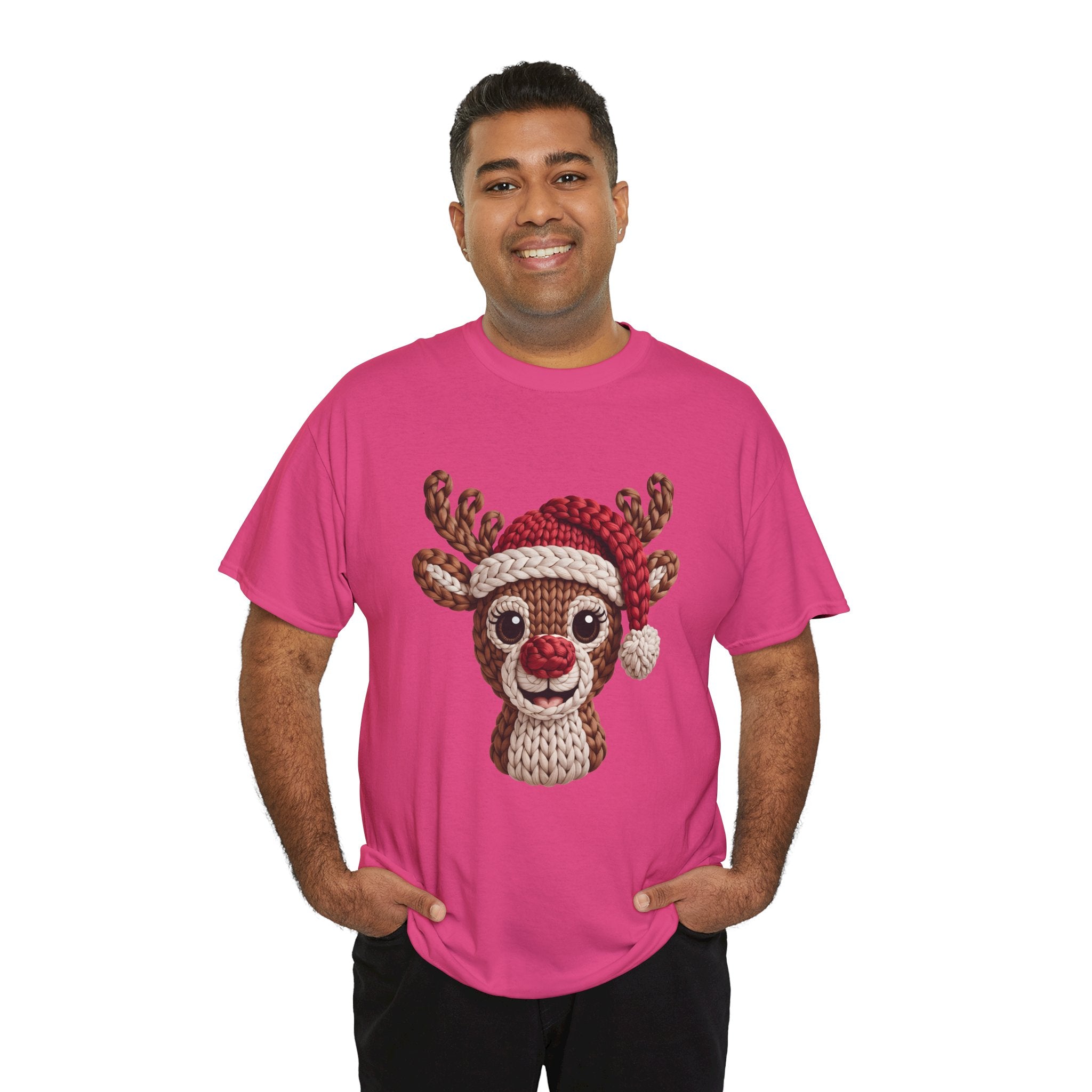Reindeer in Santa Hat Cotton Tee — Joyful Faux-Yarn Holiday Unisex Coton T-Shirt
