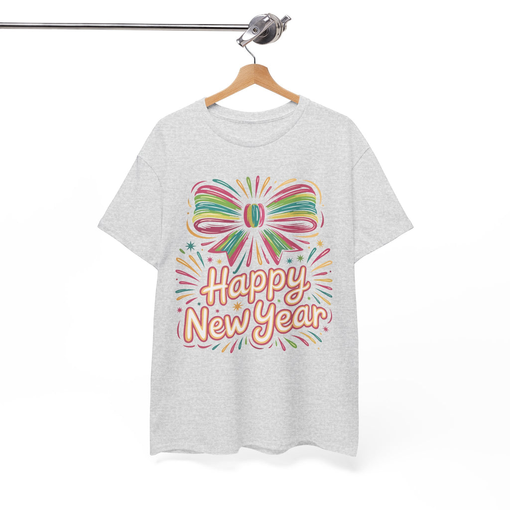 Happy New Year Pastel Tee — Rainbow Bow & Fireworks Celebration Unisex Cotton Tshirt