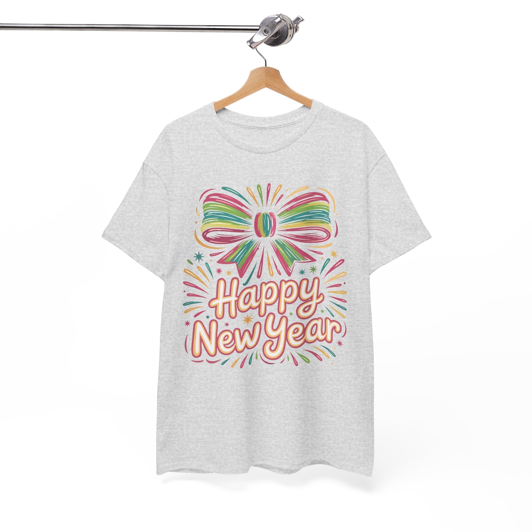 Happy New Year Pastel Tee — Rainbow Bow & Fireworks Celebration Unisex Cotton Tshirt