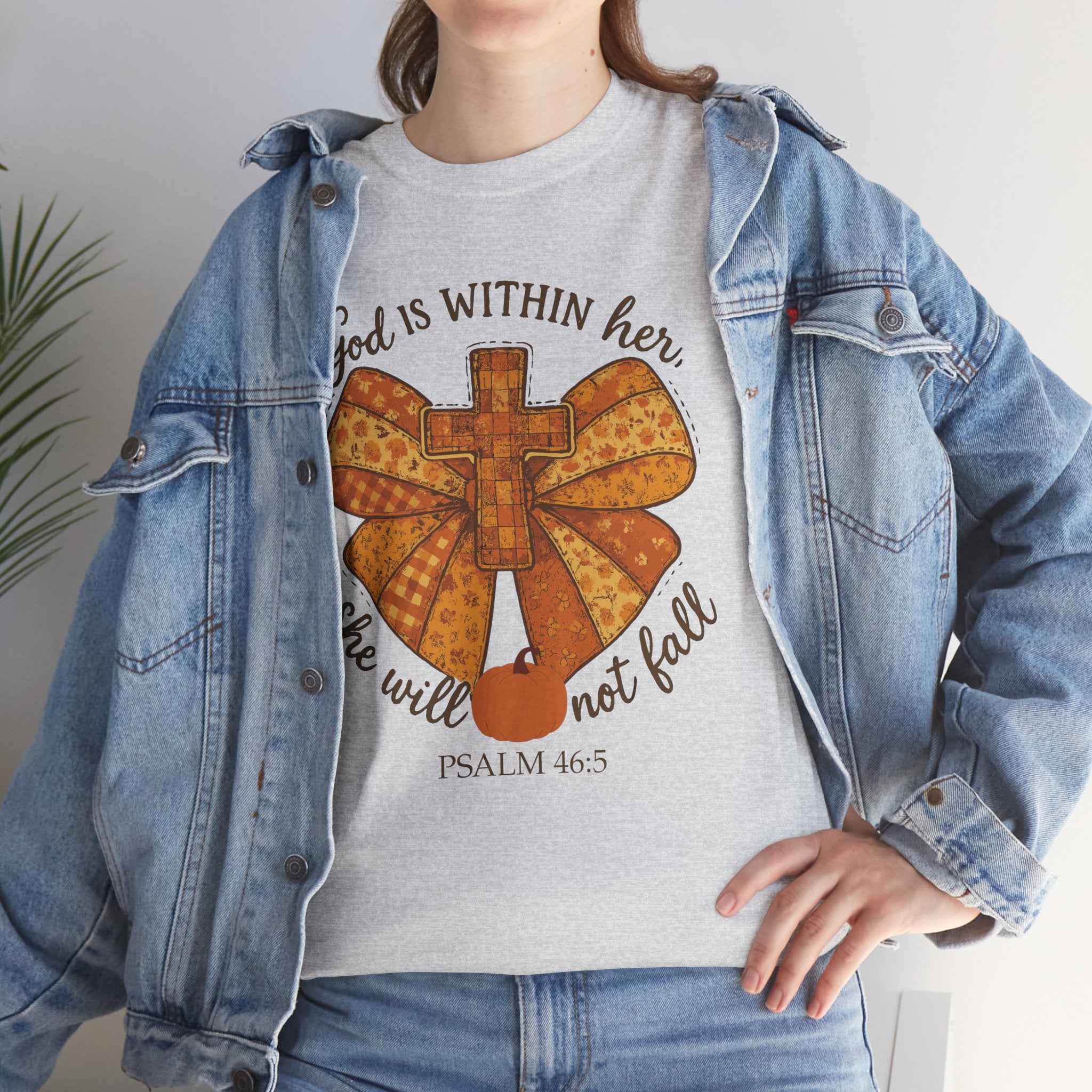 Psalm 46:5 Cross Patchwork Tee — Fall Bow Christian Unisex Cotton T-Shirt