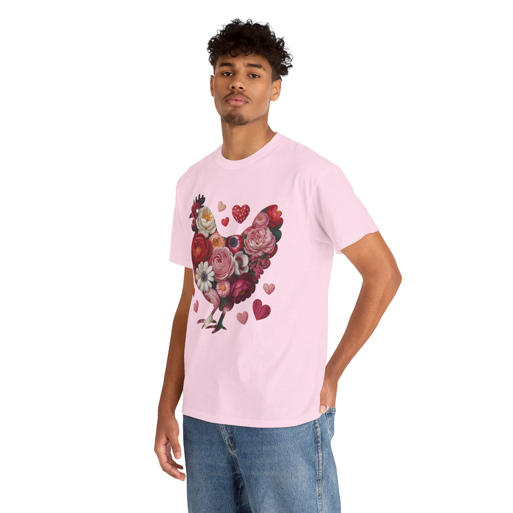 Floral Chicken Heart Tee — Red & Pink Flower Silhouette Unisex Cotton Tee
