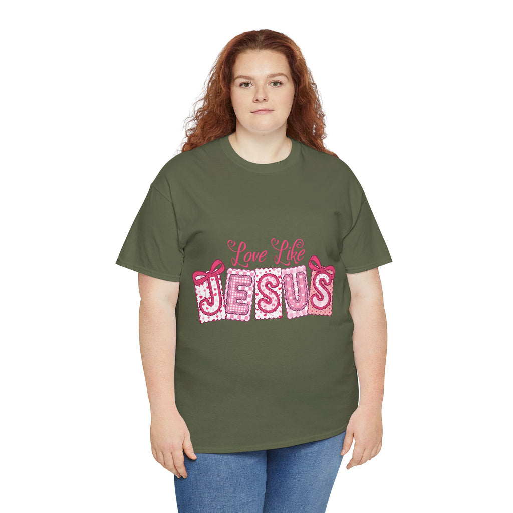 Love Like Jesus Patchwork Tee — Pink Stitched Heart Graphic.Unisex Cotton Tee