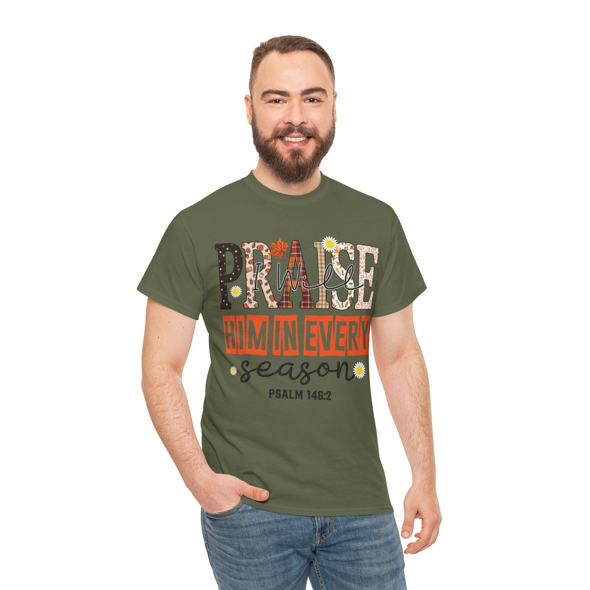 Praise Him In Every Tee — Fall Daisies & Leaf Floral Graphic Unisex Cotton T-Shirt